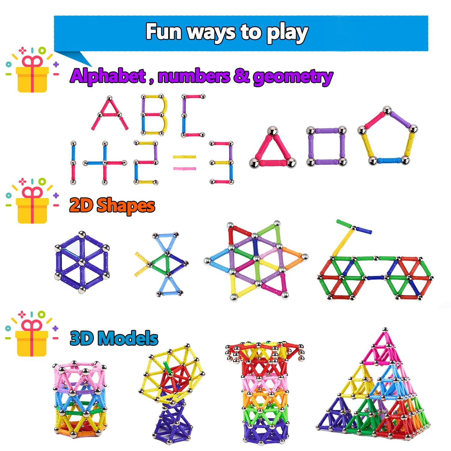 Jokooan Costruzioni Magnetiche 144 pezzi, Set di Costruzioni Magnetiche per Bambini, Giocattoli Educativi per Bambini (colore casuale)