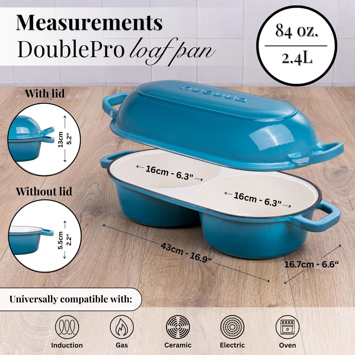 Faitout pour la cuisson du pain au levain – Pot à pain en fonte émaillée – 260 °C – Passe au four – Double espace rond pour pain, 16,5 cm de diamètre, bleu clair Nuovva
