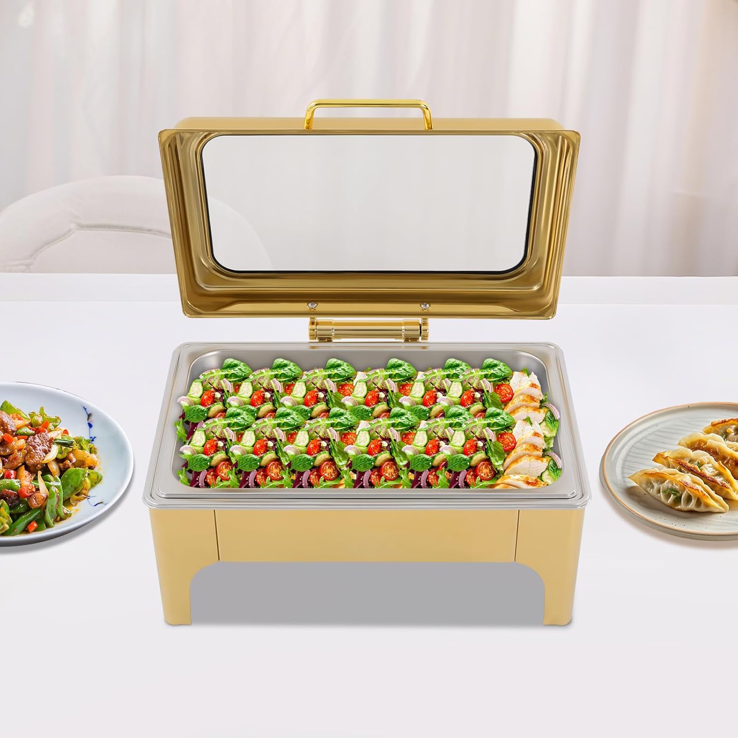Chafing Dishes for Buffet, 9.5QT Catering Supplies Buffet Display with Visualized Lid & Fuel Frame, Food Warmers for Wedding, Party Buffet, Event, Hotel, Restaurant (Gold)