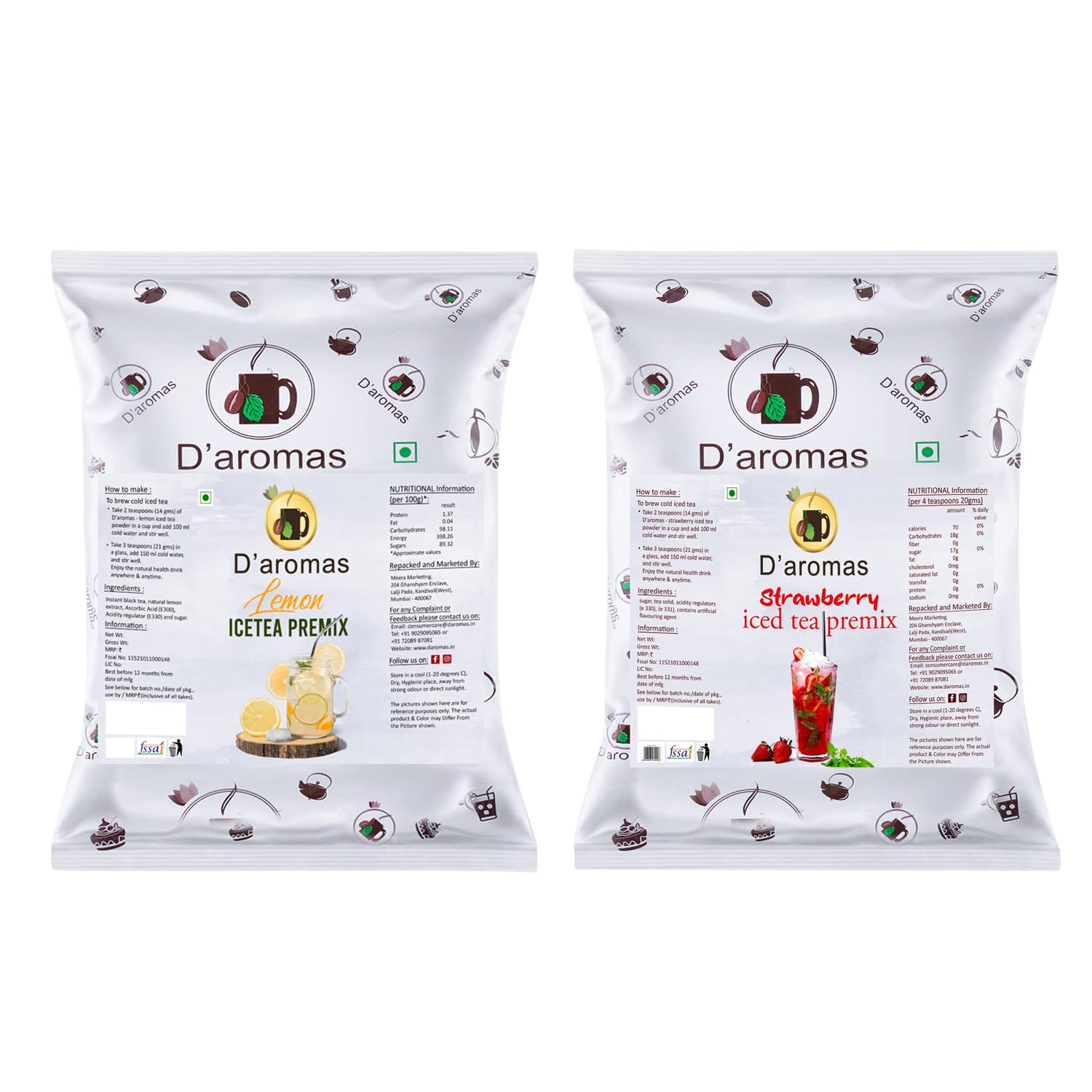 D'aromas Strawberry & Lemon Ice Tea 1kg, Instant Premix Ice Tea Powder, Ready to Drink Iced Tea, Summer Drink