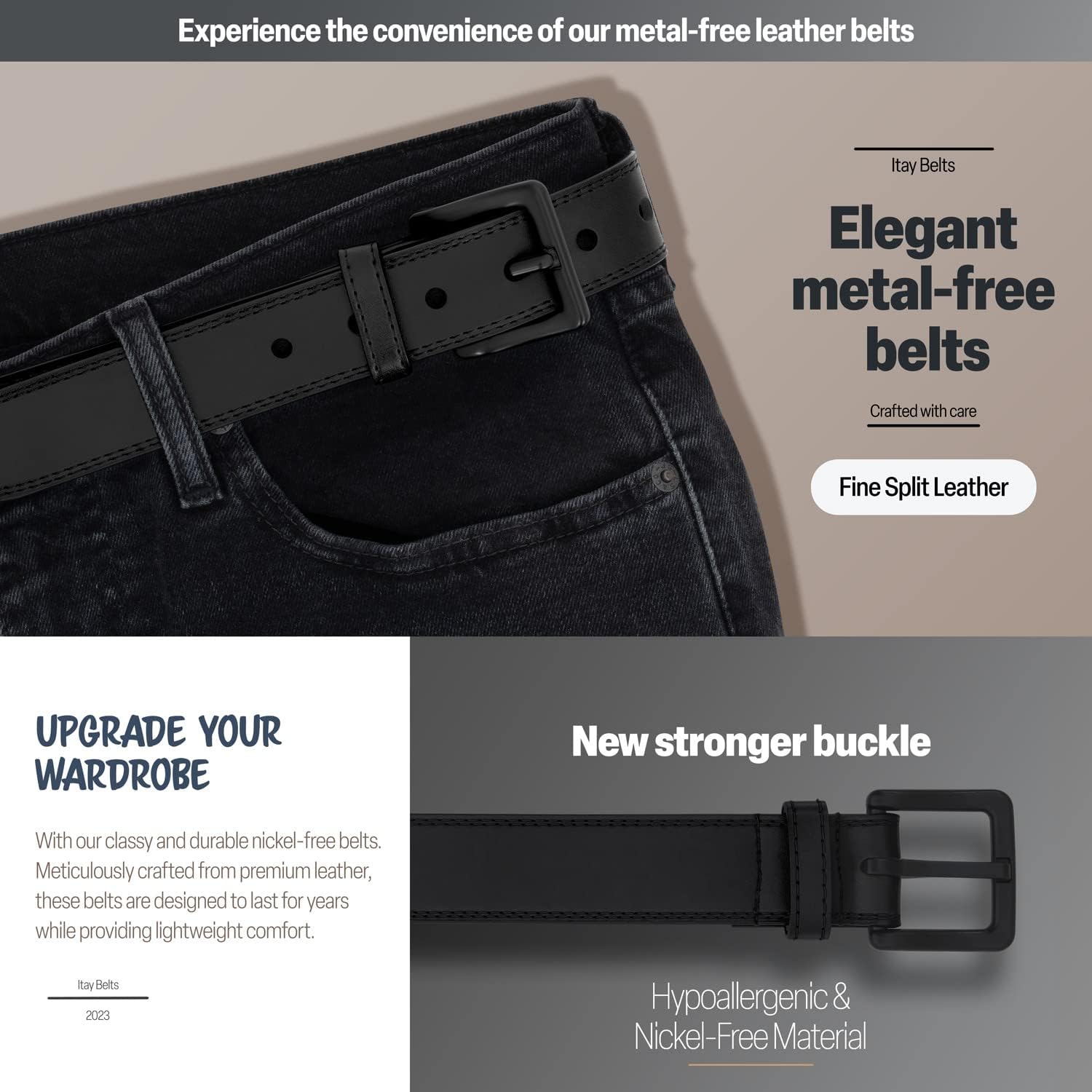 ITAY Metal Free Hypoallergenic Leather TSA Belt, Nickel Free Mens Belt, Non Metal Belt, Men Strudy Airport Friendly TSA Belts - Image 4