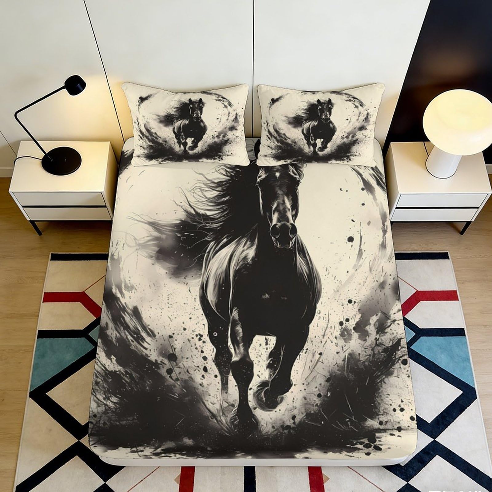3D Printed Black Running Horse Fitted Sheet Microfiber Soft Mattress Cover for Bedroom Dorm Protector Decor 180x200x25cm
