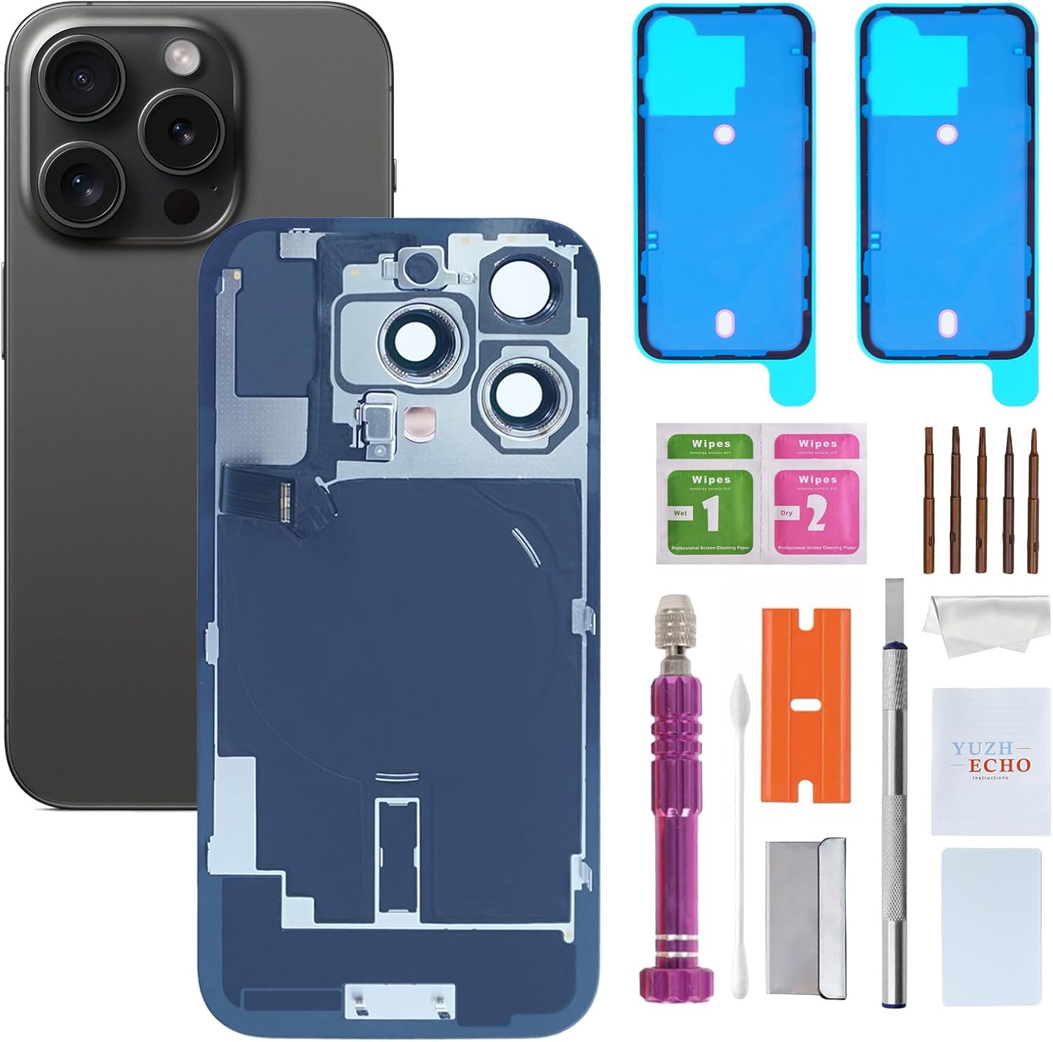 Back Glass Replacement for iPhone 16 Pro (6.3 inches Black Titanium) Integrated Glass & Wireless Charging Repair Tools are Included