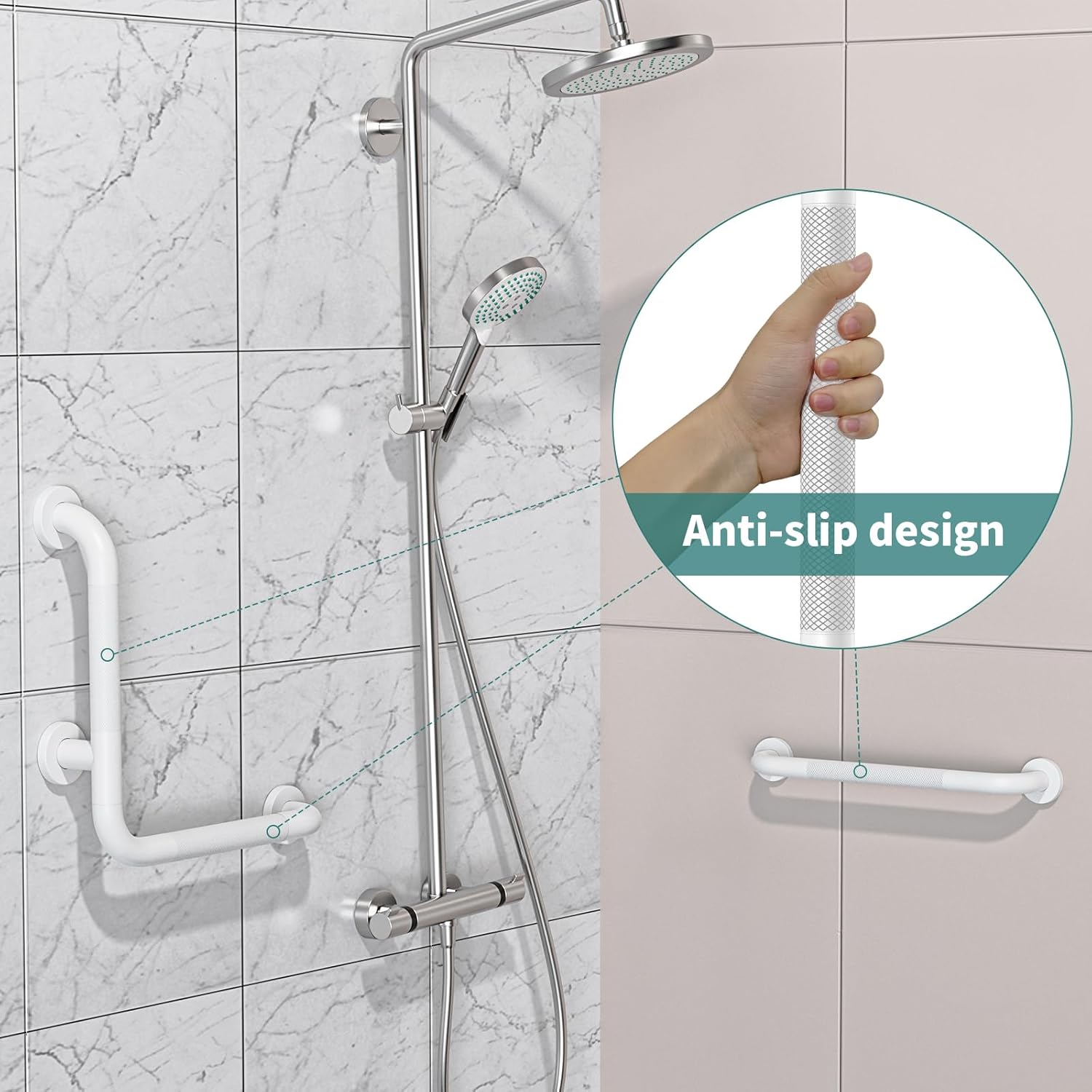 Angled Grab Bar 16x16 Inch White, Knurled L-Shaped Shower Grab Bar w/16 Inch Straight Bathtub Toilet Safety Handrail Wall Mounted, Anti Slip Balance Support Bar for Seniors Elderly Injury Handicap