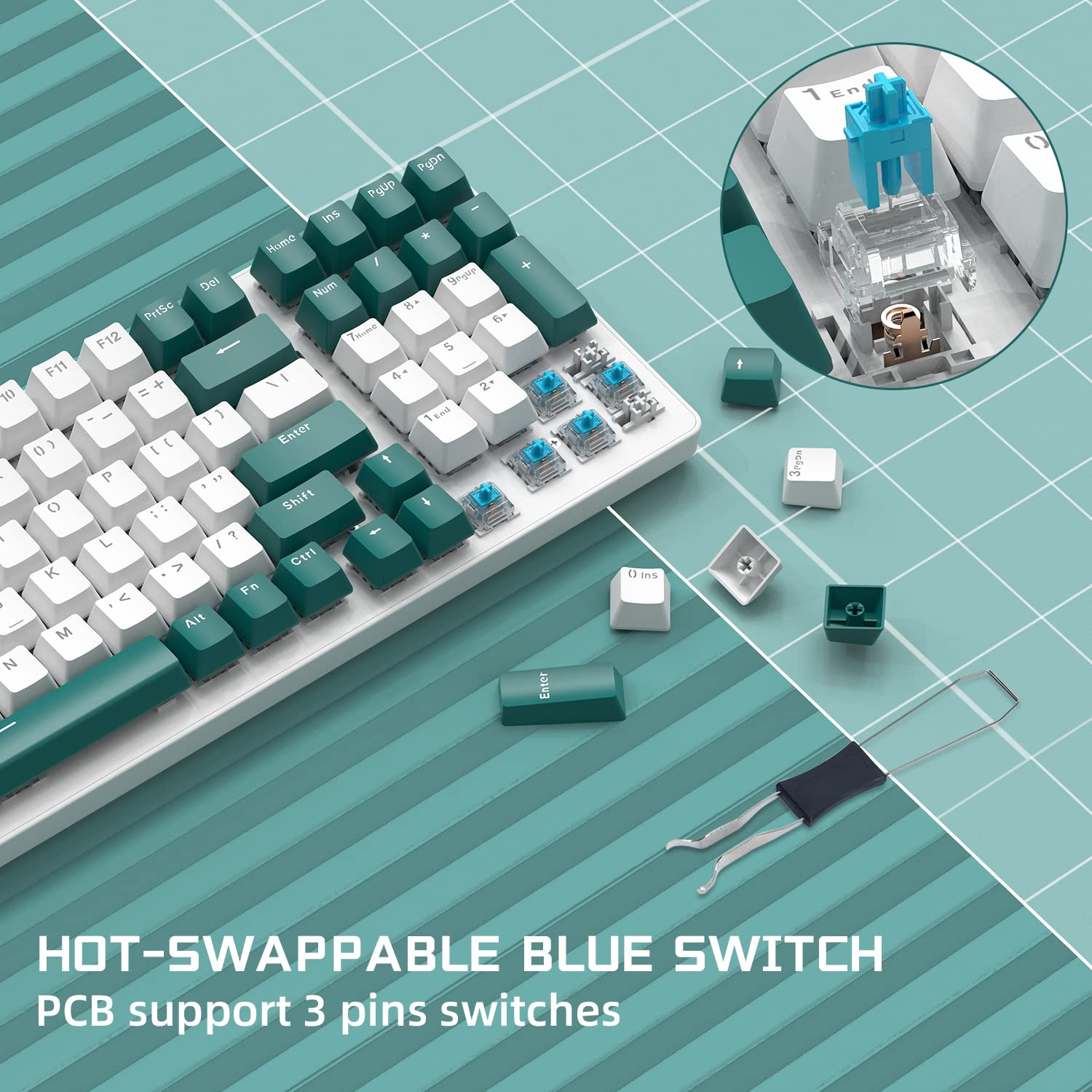 MAMBASANKE K6 Pro 96% 3 tryby Mechaniczna klawiatura do gier Hot Swap 4000 mAh 2,4 Ghz/Bluetooth 5.0 / Klawiatura przewodowa ze spiralnym kablem USB Type-C 9 RGB Niebieski przełącznik-zielony