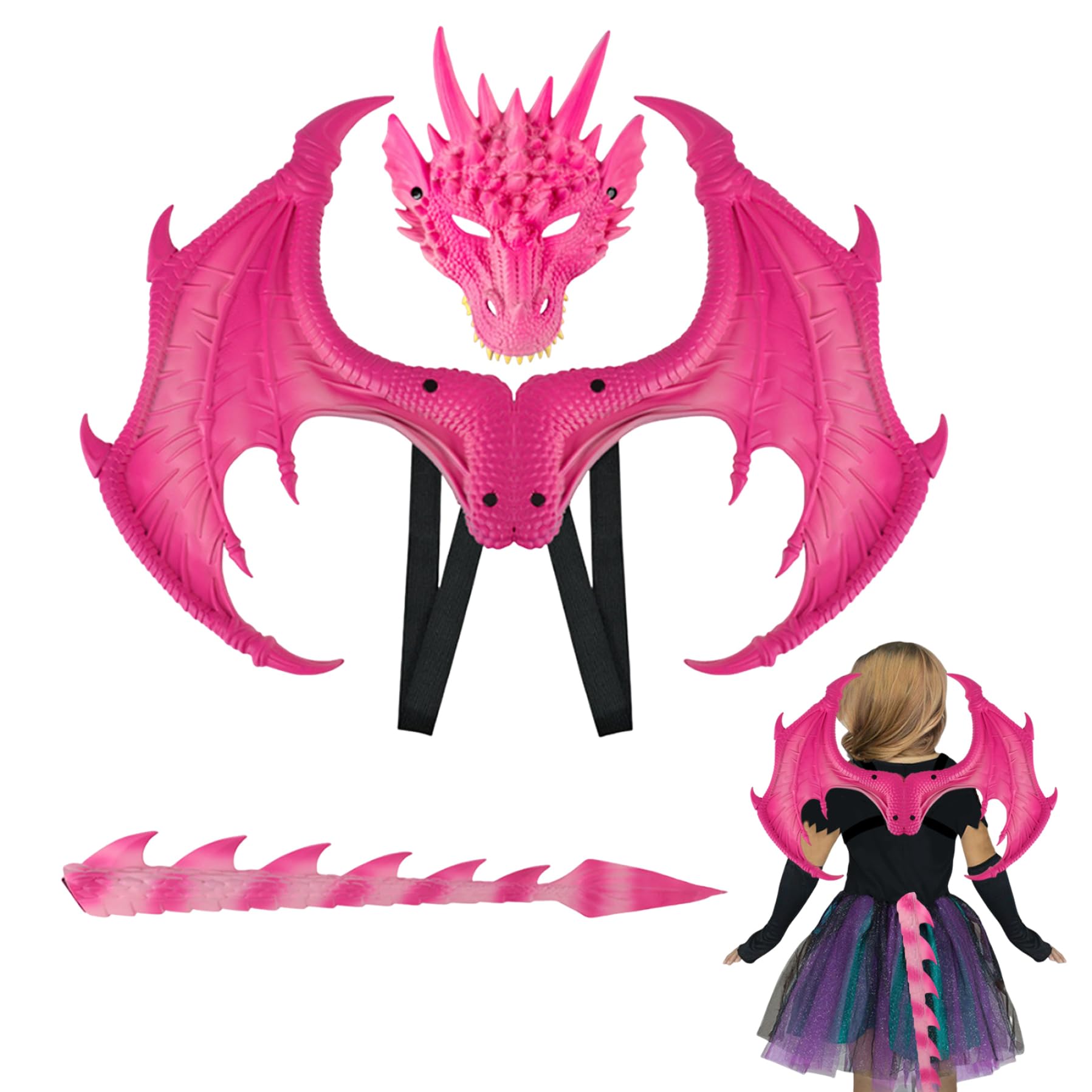 Set drago di Halloween per bambini 3 pezzi Copriviso Coda Costume cosplay Puntelli per foto Rosso, Drago Cosplay