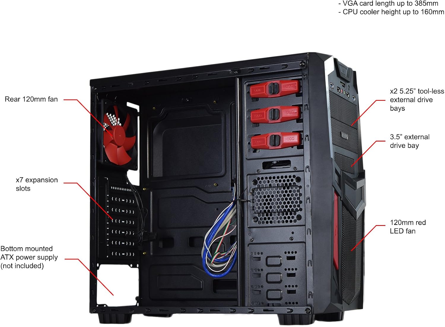 VIVO ATX Mid Tower Computer Gaming PC Case / Black Red Desktop Shell / 3 Fan Mount, Dual USB 3.0 (CASE-V03)