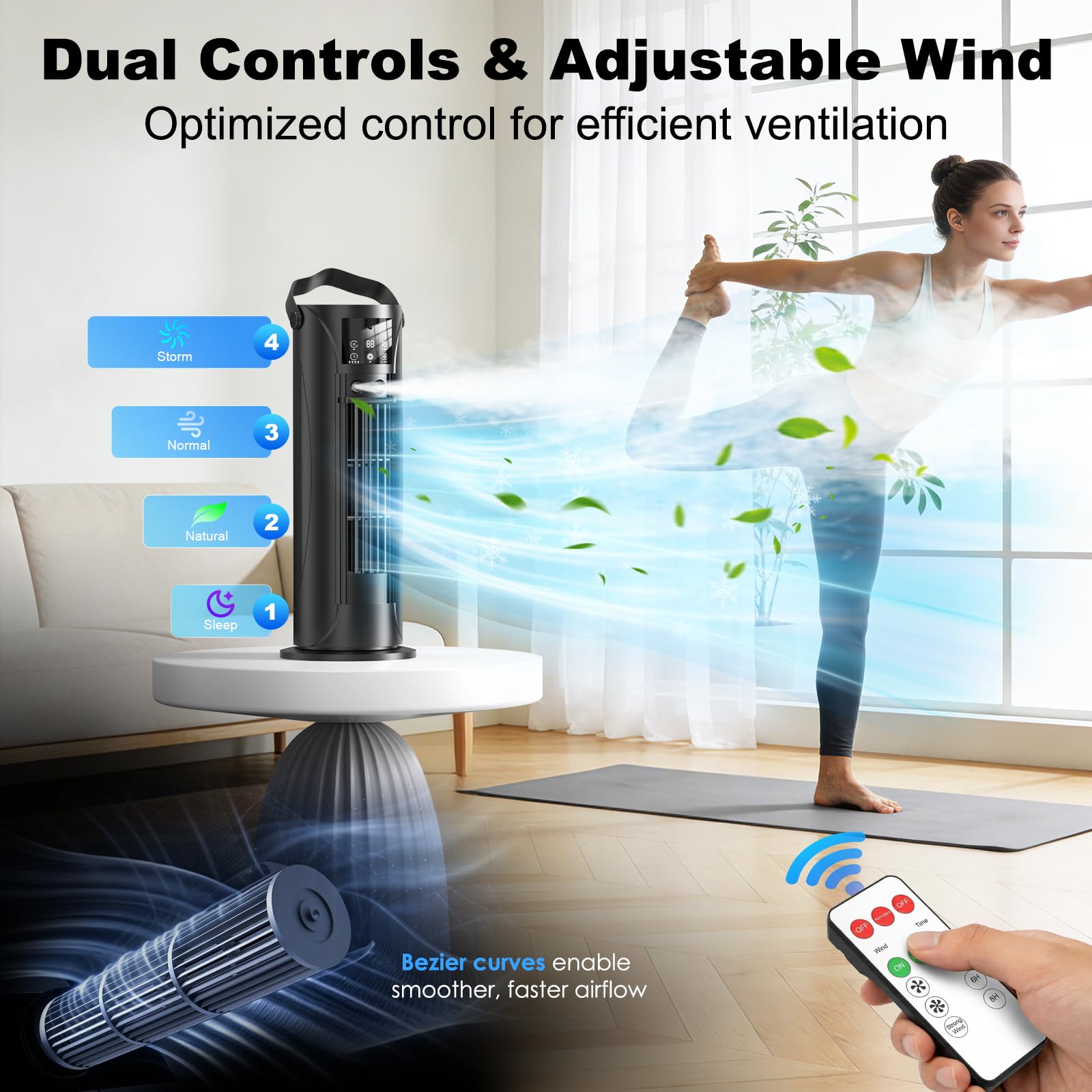 Climatiseur Mobile 4 en 1 Silencieux 28dB, Rafraîchisseur d’Air Mode Tempête, Oscillation 120°, 4 Vitesses Vent Naturel 3D Sommeil, 2 Brumisations, Minuterie 8H pour Chambre Bureau（Noir）