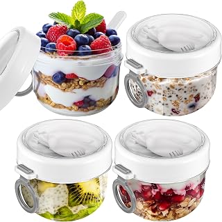 4 Pcs Overnight Oats Container with Lids and Spoons, 20 oz Plastic Overnight Oats Jars Large Capacity Airtight Yogurt Container for Milk, Fruit, Cereal and Salad Storage
