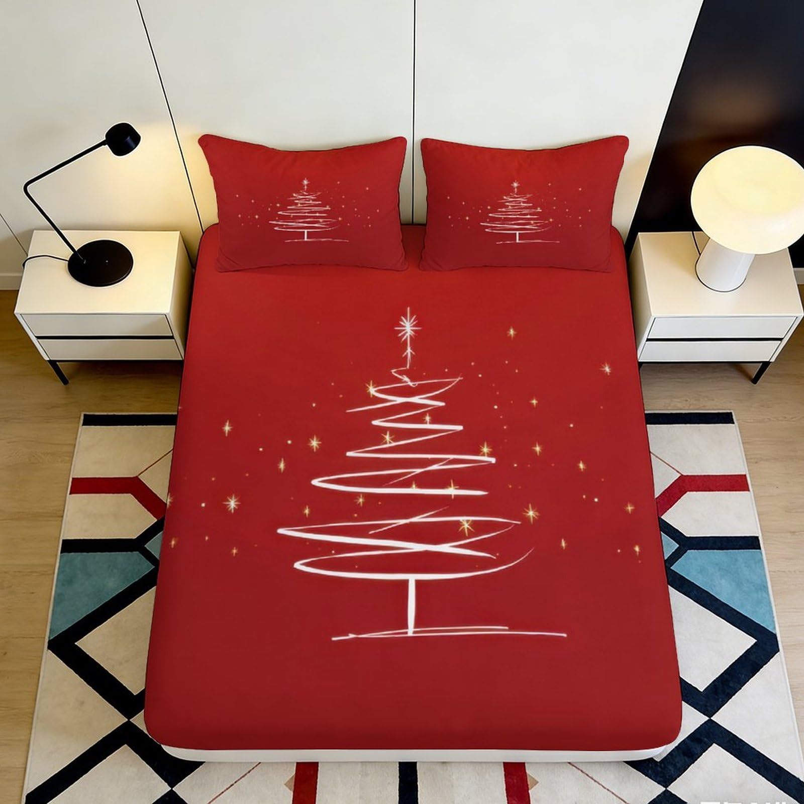 3D Printed Christmas Tree Fitted Sheet Microfiber Soft Breathable Holiday Bed Cover with Mattress Protection for Bedroom Dormitory Guest Room 180x200x25cm