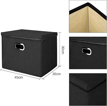 Foldable Storage Boxes with Lids Fabric Collapsible Storage Bins Wardrobe Closet Home Baskets Containers with Cover for Underwear Clothes CDs Arts and Crafts Toys (Black, 4Pack 45x30x30cm)