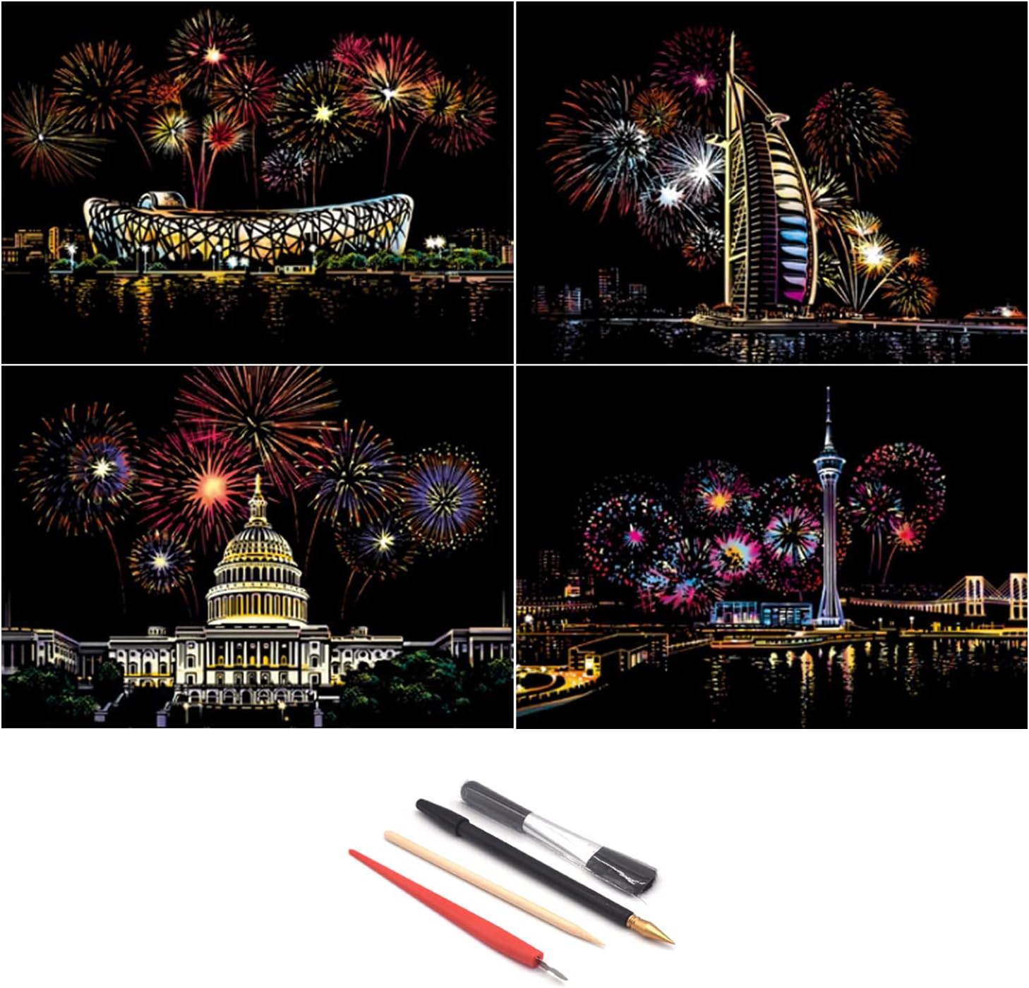 GRT Lot De 4 Paquets De Feuilles à Gratter Pour Dessin Arc-en-Ciel, Tableau à Croquis, Scènes De Nuit, Pour Adultes Et Enfants, Avec Outils De Grattage (Monuments Du Monde Entier