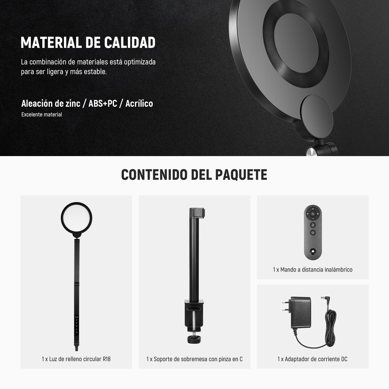 NEEWER 18W 7" Básico Aro de Luz Escritorio para Iluminación Videoconferencias Streaming, 3000-6500K Dimmable Luz Circular LED con Brazo Articulado y C Clamp para Teléfono/Computadora Zoom Call, R18