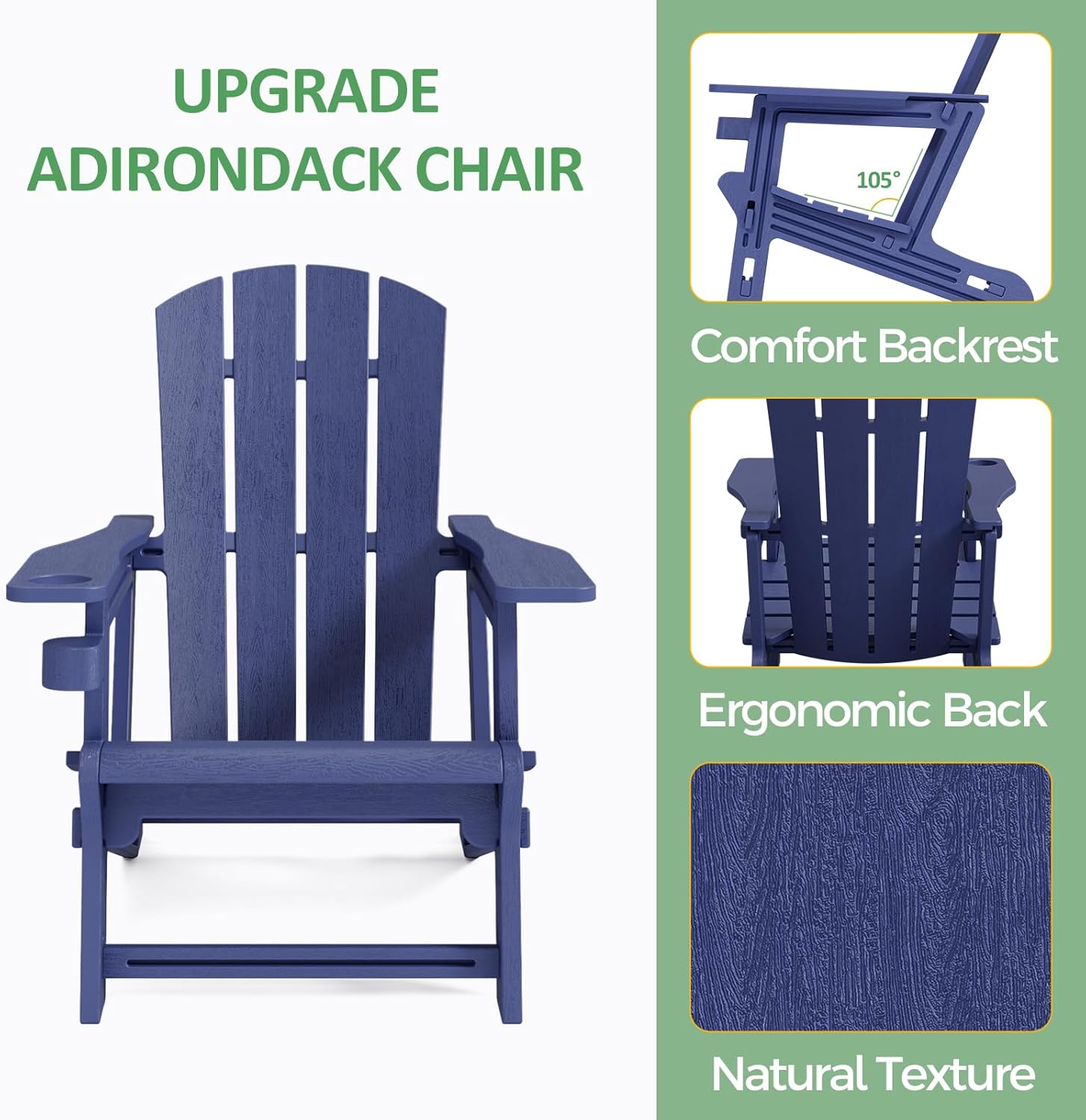 Adirondack Chair，Plastic Outdoor Chairs Without Screws Install，Patio Adirondack with Cup Holder，400 LBS Capacity Recliner Chair Garden Chair for Backyard Lawn Beach Navy Blue