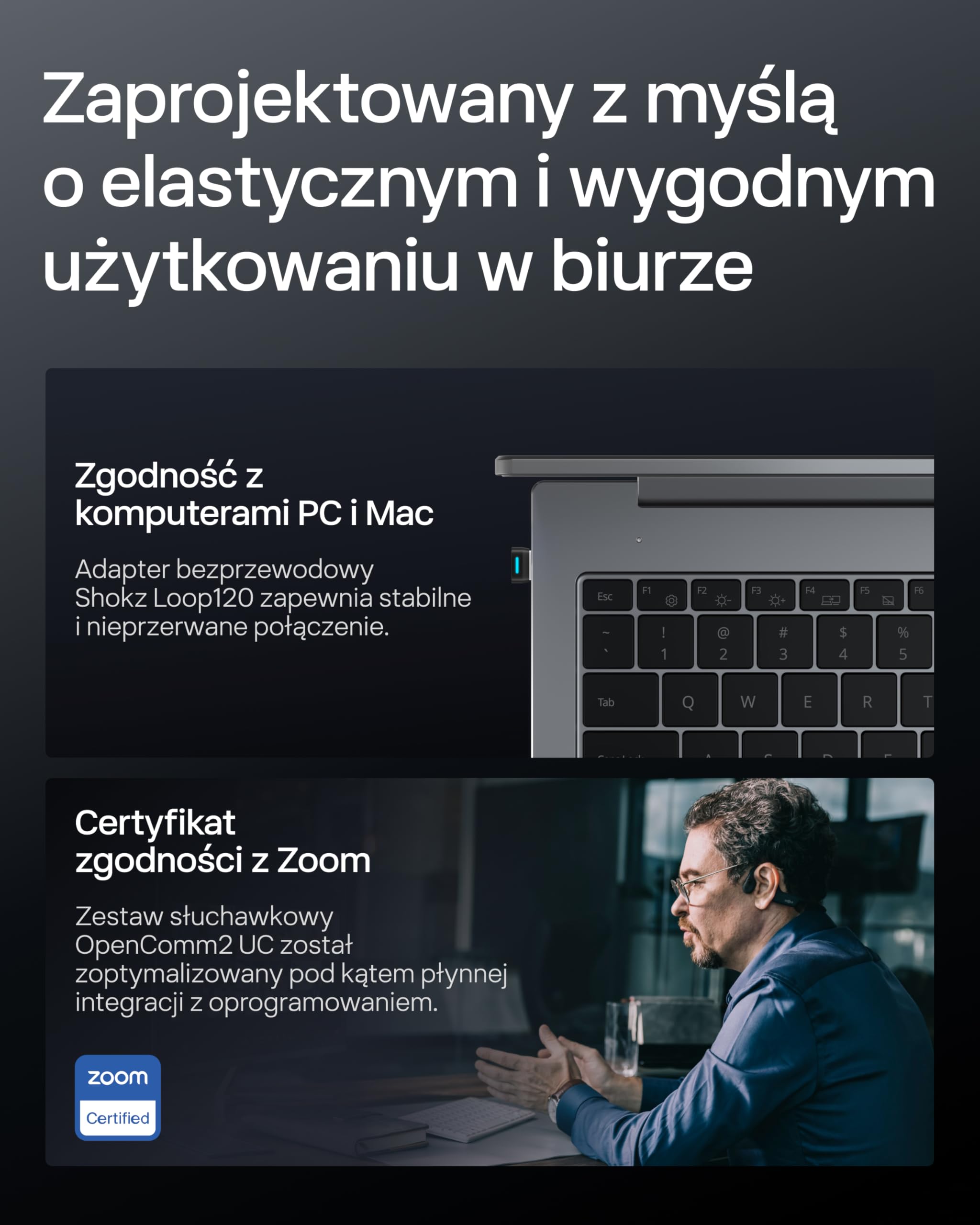 SHOKZ OpenComm2 UC 2025 Upgrade Słuchawki przewodzenia kostnego z adapterem USB-C, otwarte słuchawki Bluetooth z mikrofonem redukcji szumów, bezprzewodowe słuchawki otwarte ucho do pracy, i Zakładki
