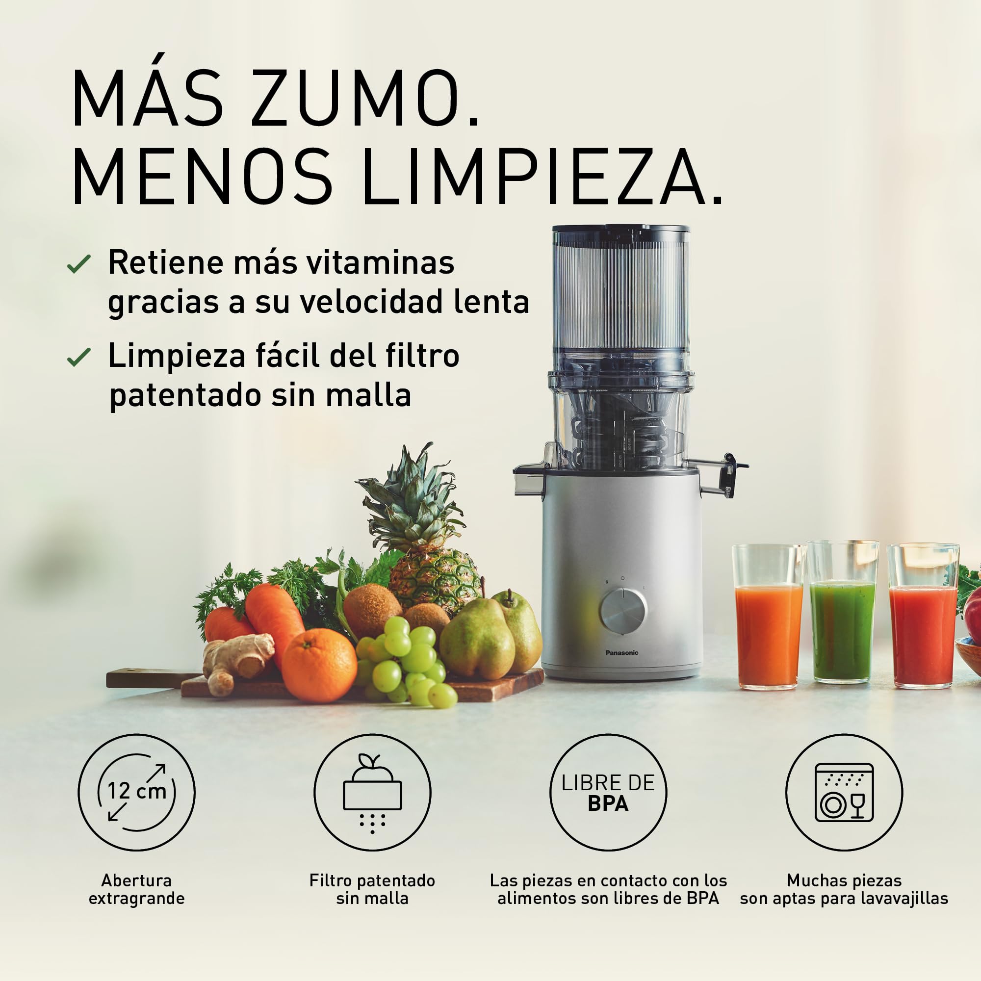 Panasonic Slow Juicer MJ-L800HXE Licuadora, Prensado En Frío, Color Plata