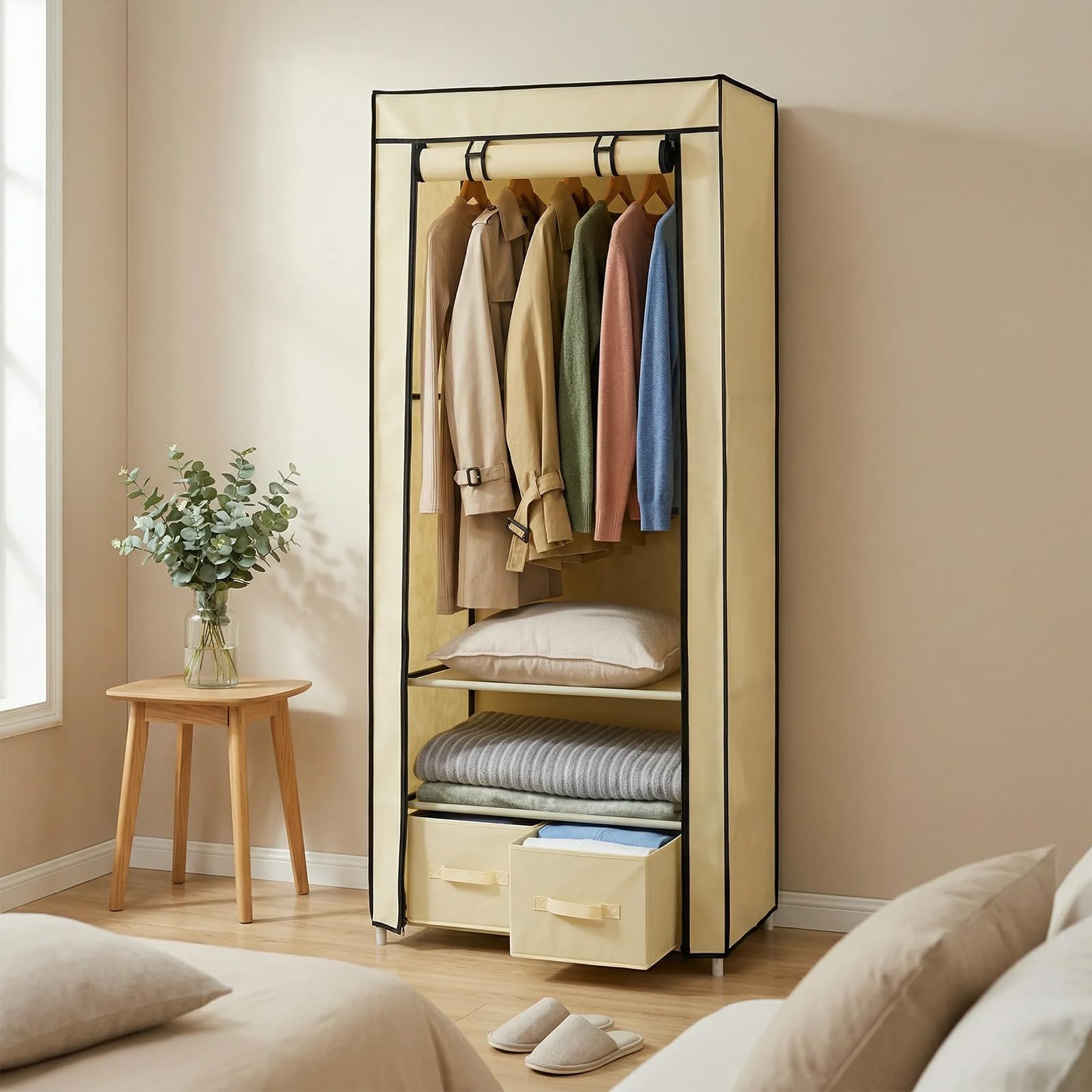 Hododou, Armadio in tela singolo, con 2 cassetti e asta appendiabiti, pieghevole e portatile, per conservare abiti, borse, giocattoli, scarpe, per soggiorno e camera da letto, 160 x 59 x 43 cm (beige)