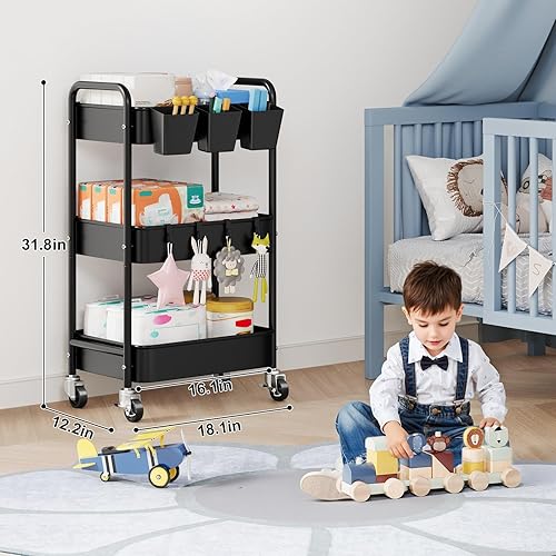 Miniatura 3 de Organizador y almacenamiento de pañales para bebé, carrito rodante de 3 niveles con ruedas para artículos esenciales para el cuarto del bebé,