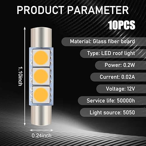 Miniatura 2 de dawfall Pack-10 Car 28mm LED Light, 1.1" x 0.24" 5050-3SMD 180 Degree Bright Indoor Light Bulb Replacement, Reading Light Roof Light Makeup Light,
