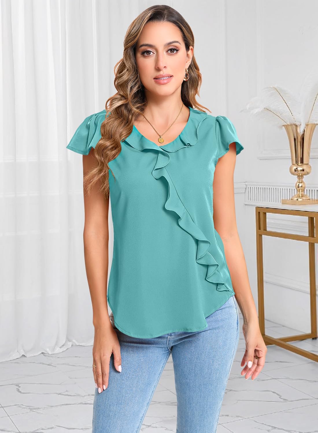 Womens Summer Tops Blouses Ruffle Crew Neck Short Sleeve Chiffon Dressy Casual Work 2025 Trendy Shirts - Image 2