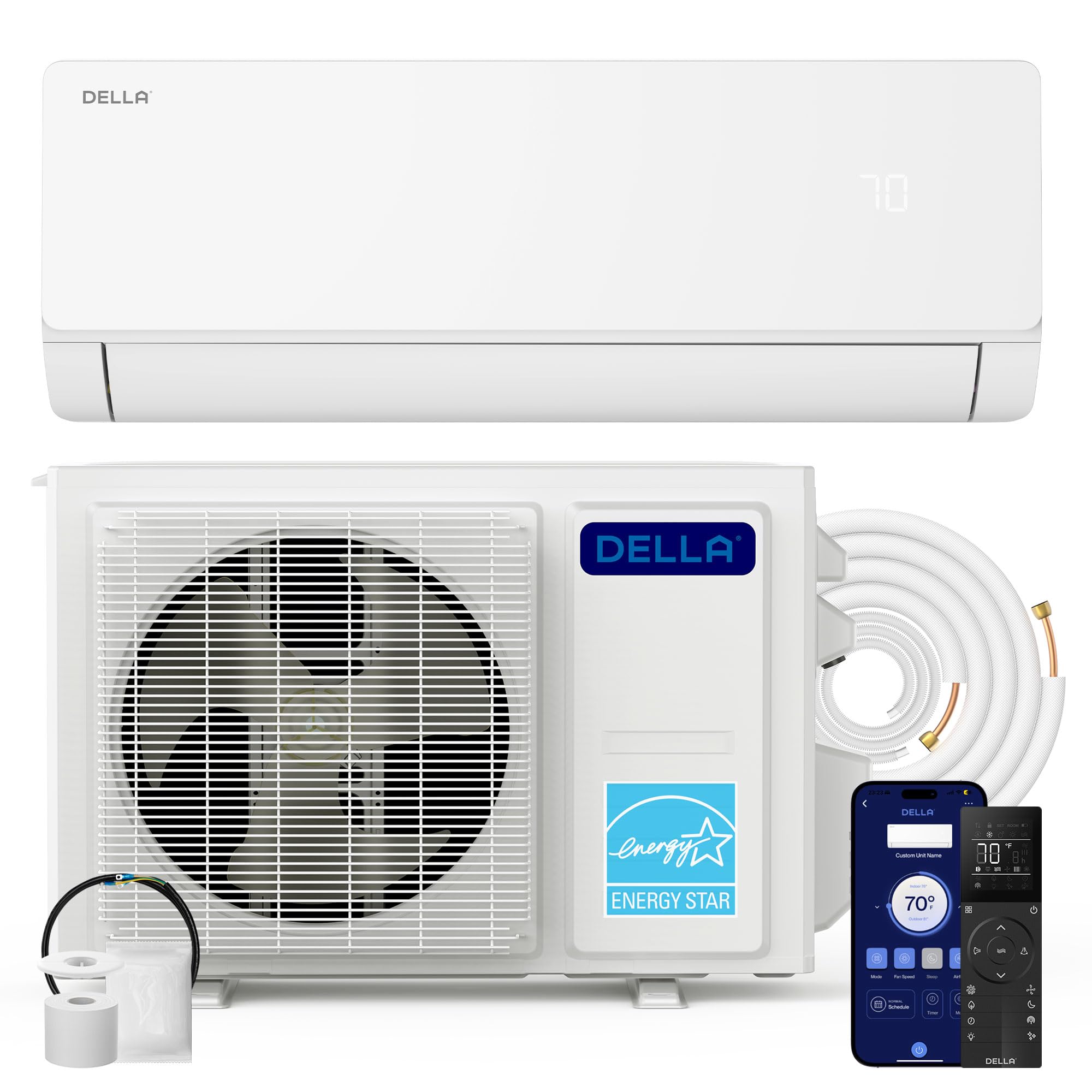 Della DELLA Vita Series 9000 BTU Mini Split Air Conditioner, Energy Star, 20 SEER2 115V, Cools up to 400 Sq. Ft, 0.75 Ton Heat Pump, Works with Alexa & Wifi, Ductless Inverter System, Pre-Charged, 16ft Kit