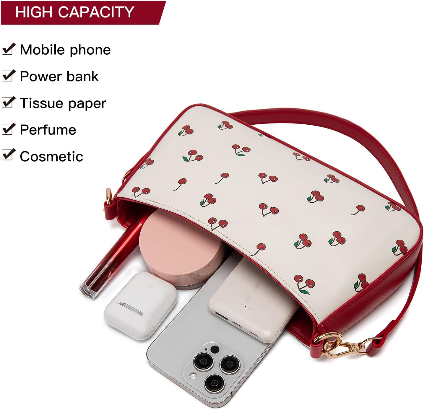 NEBIL Cherry Print Shoulder Purse For Women,Small Leather Y2k Shoulder Handbag Cute Clutch - Image 4