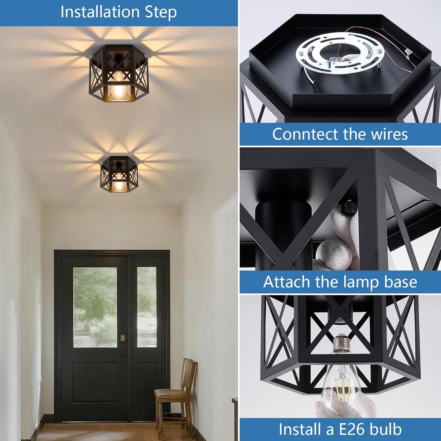 2 Pack Flush Mount Ceiling Light, 1-Light Black Light Fixtures Ceiling Mount, Small Flush Mount Lamp with Hexagonal Metal Cage, Farmhouse Chandeliers for Hallway Kitchen Sink Entryway Foyer