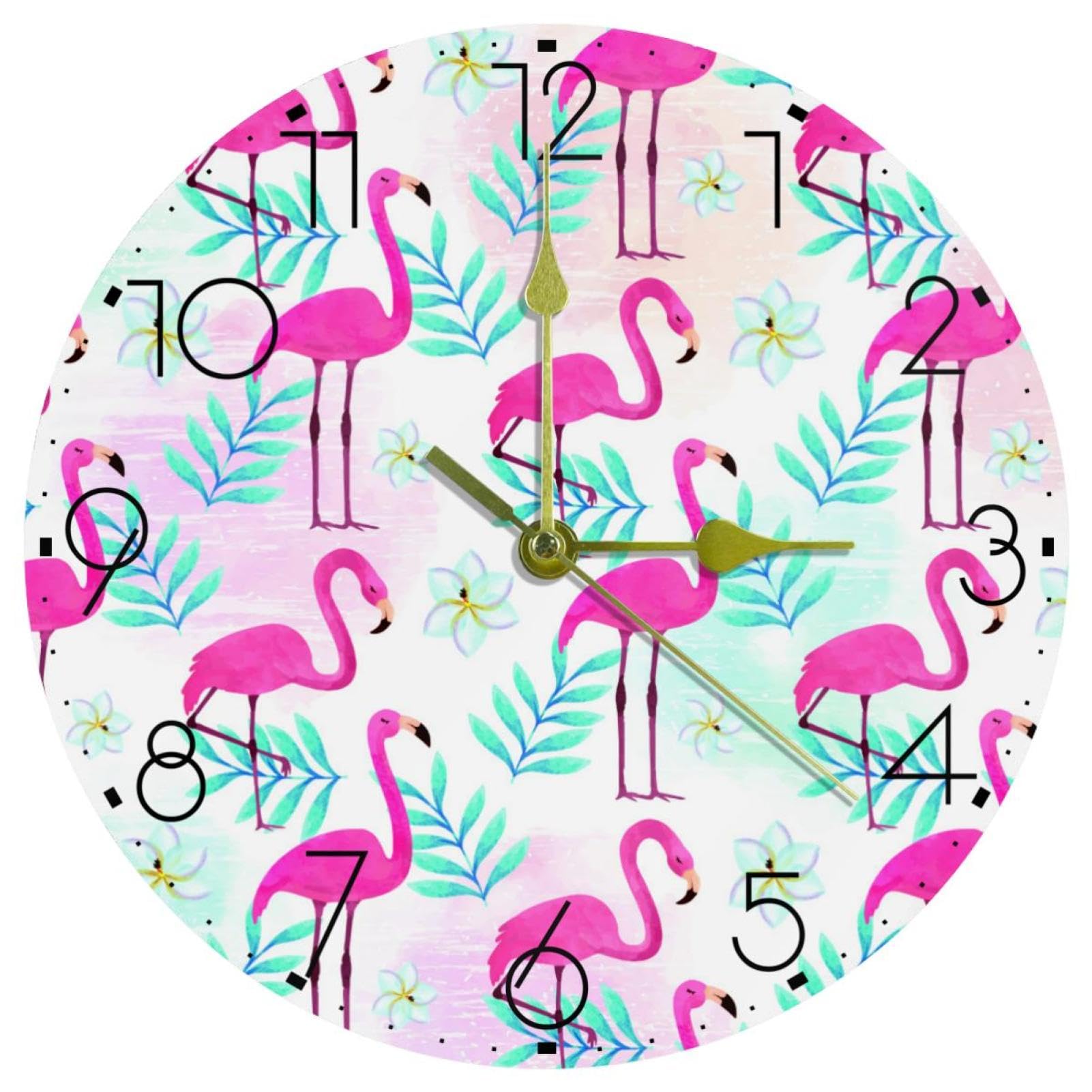Horloge murale décorative ronde et silencieuse feuille de flamant à piles