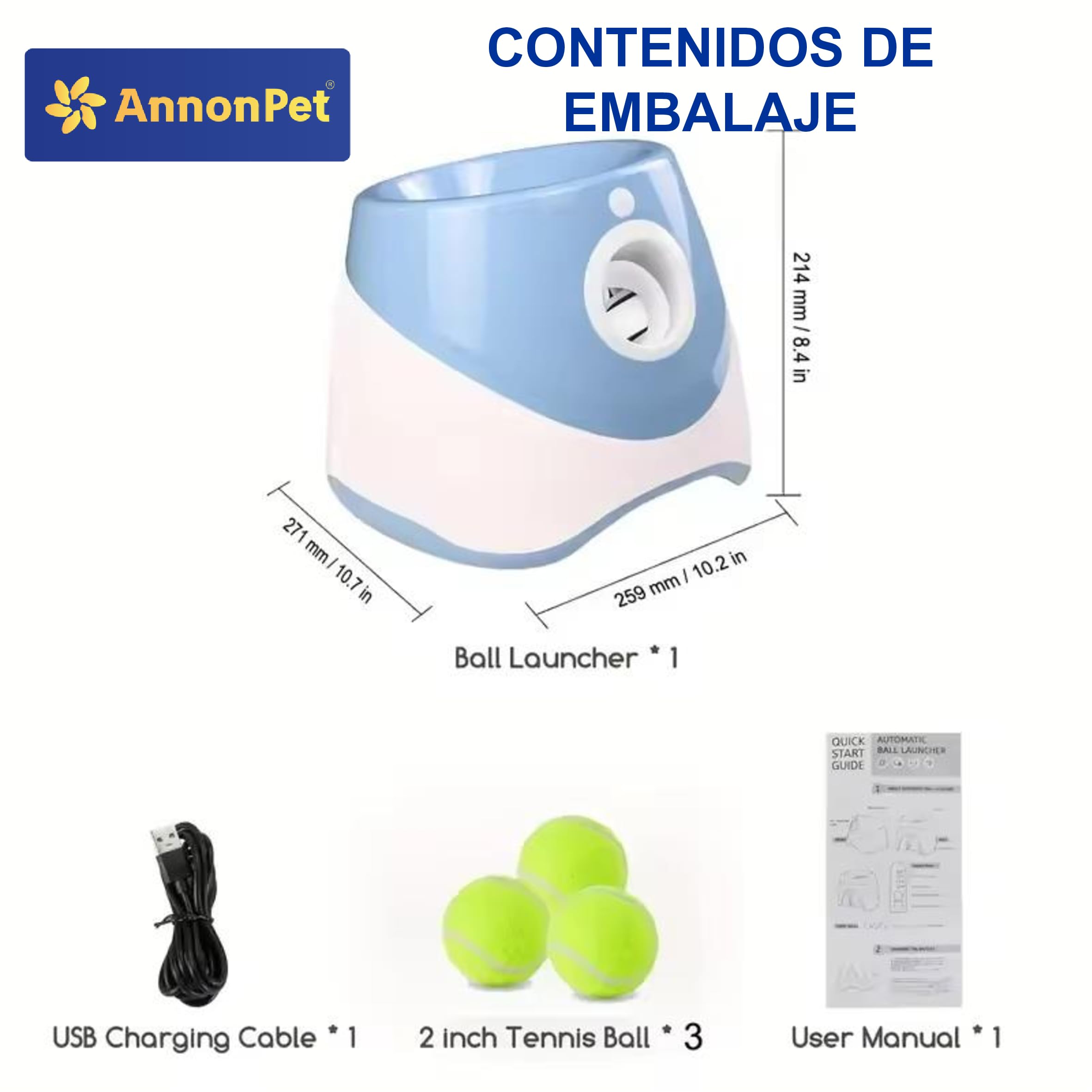Lanza bolas automático para perros con distancias ajustables 3/6/9 m, carga USB, batería de litio 2200 mAh, incluye 3 pelotas de tenis – Diversión y entrenamiento para tu perro