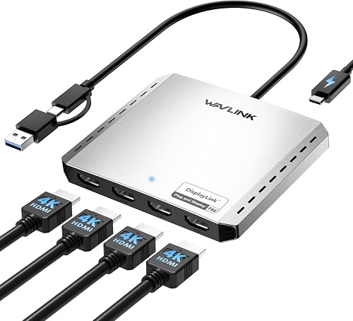 WAVLINK USB 3.0 or USB C to Quad HDMI Splitter Extended Display for Four Monitor with 85W PD, Displaylink Adapter 4 HDMI 4K@60Hz for Apple Mac M1/M2/M3/M4 or Windows 10/11, USB A/C to HDMI 4K Output