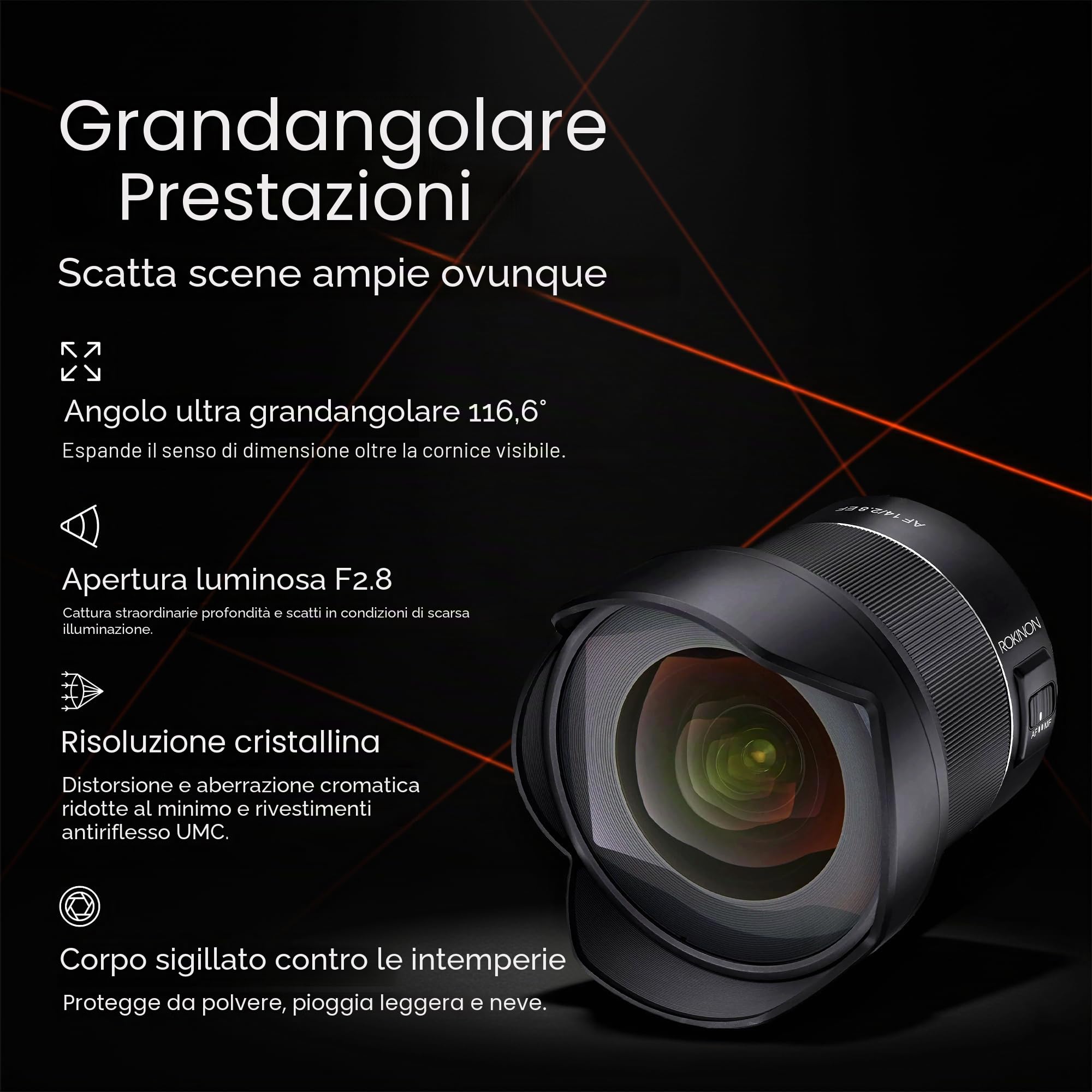Rokinon AF 14 mm F2.8 obiettivo grandangolare con messa a fuoco automatica sigillata per Canon EF, nero (IO14AF-C)