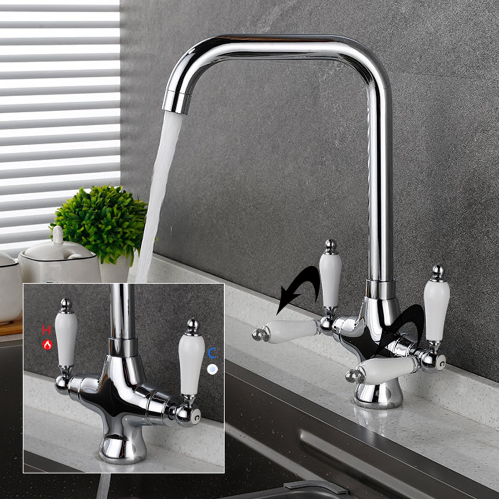 Grifo de Cocina Caño Alto con Dos Manijas de Cerámica Grifo Mezclador Cocina Giratorio 360° Latón Un Solo Orificio,Cromado