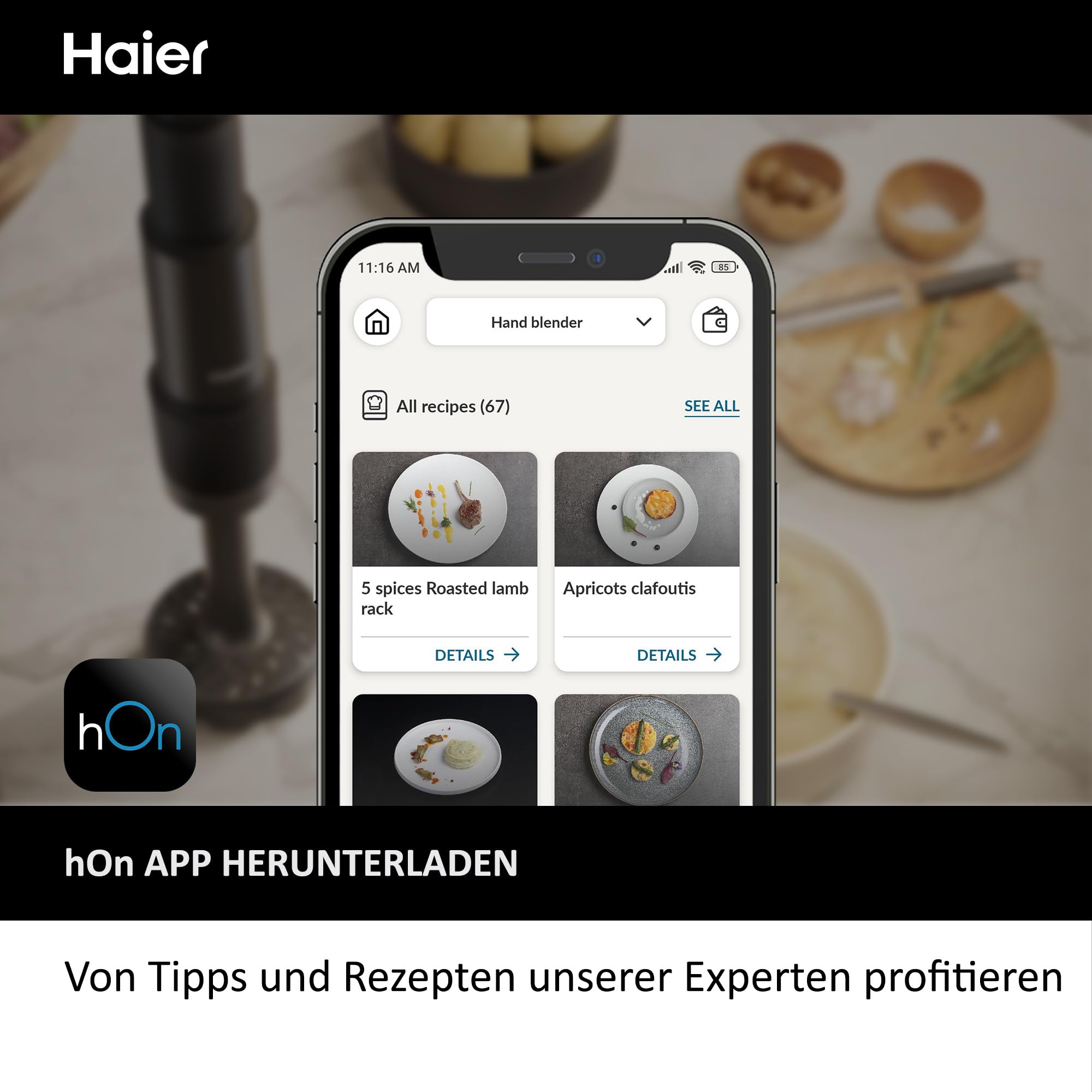 Haier Stabmixer 4-in-1 mit Messbecher, Quirl, Stampfer, Zerkleinerer I 1000W Pürierstab aus Edelstahl mit variabler Geschwindigkeit & 3 Klingen I abnehmbarer Fuß I Pulsfunktion [Serie 5 - HHB5B5]