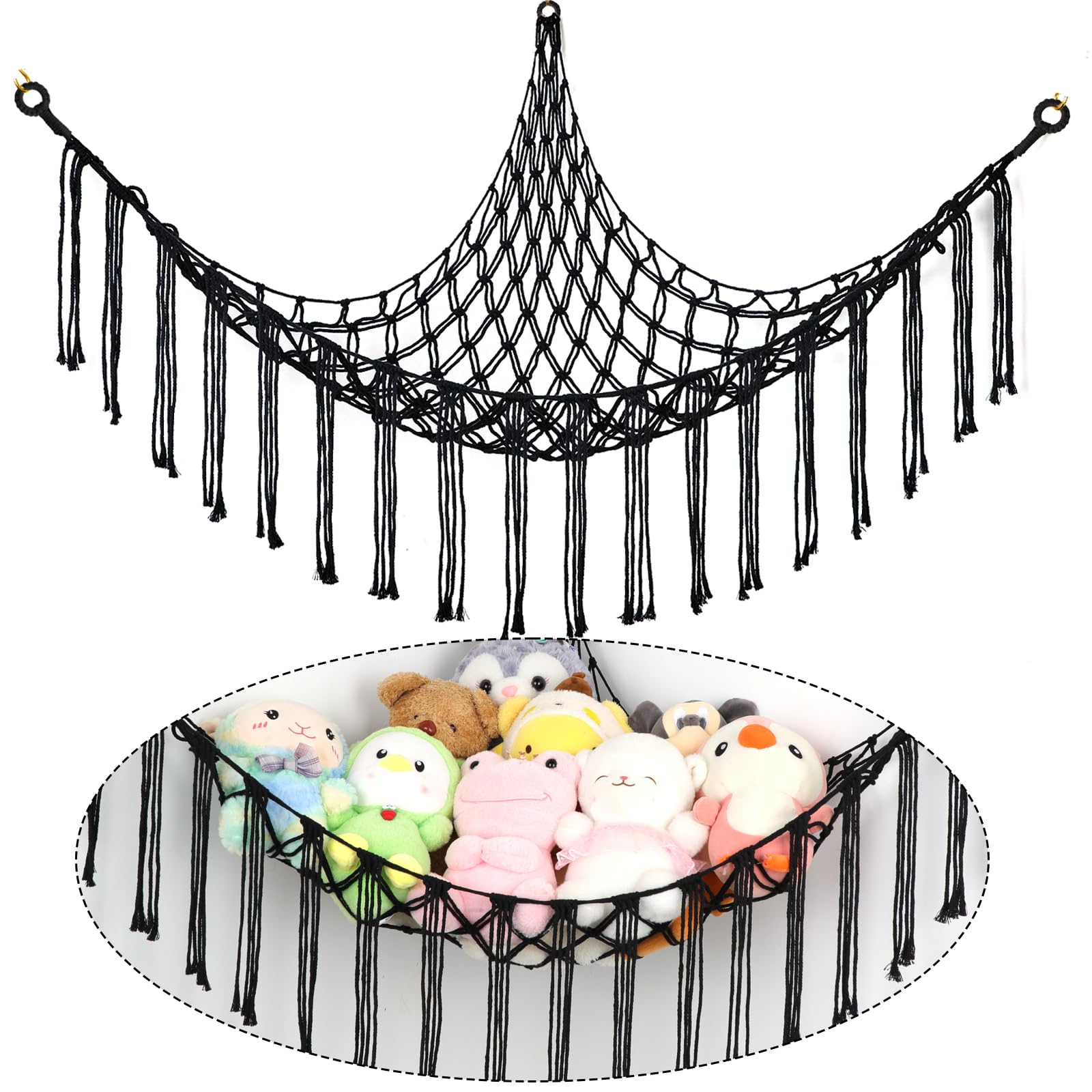 Yelienm Boys Black Stuffed Animal Hammock Corner, Hand-Knitted Large Plushie Net Toy Hammock With Wooden Rings | Boho Cute Stuff Animal Storage For Nursery & Bedroom |Toy Organizer Holder Nursery Room Decor (Black)