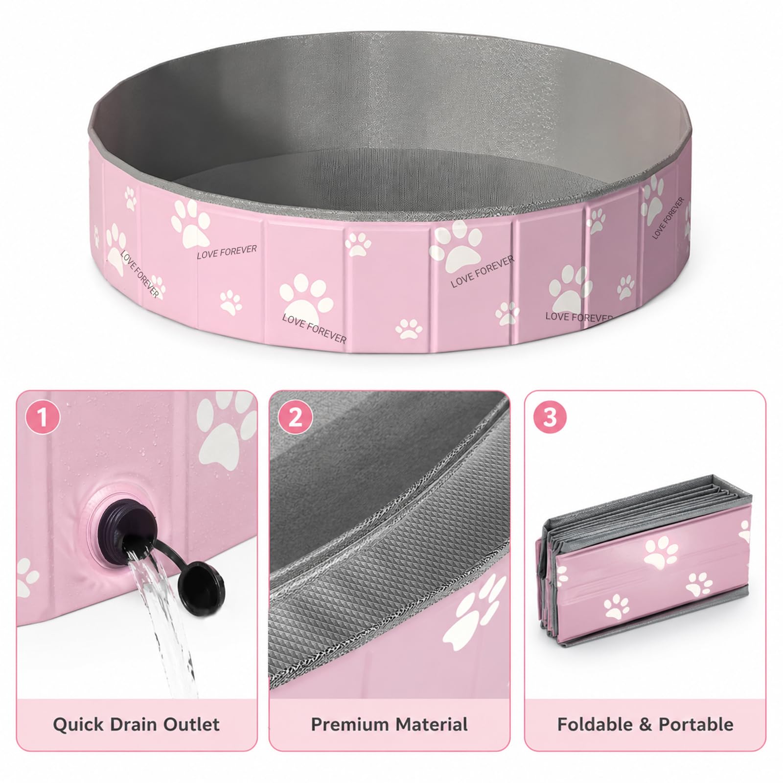 ZoneYan Piscina Pieghevole per Cani 80 * 30 cm, Vasca da Bagno per Cani Antiscivolo in PVC, Piscina per Cani con Doppio Scarico, Doccia Pieghevole per Animali per Cani Piccoli e Medi (Rosa)