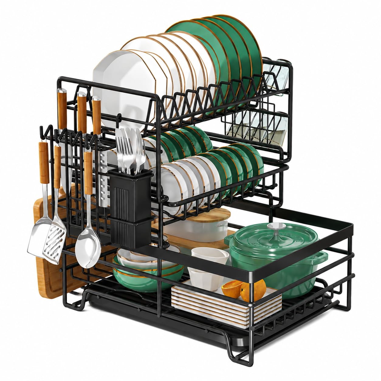 SANON 3 Tier Dish Drainer Rack, Sink Drainer with Drip Drainboard Tray Dish Drying Rack with Cups Utensils Holder Space-Saving for Small Kitchen Countertop, Black