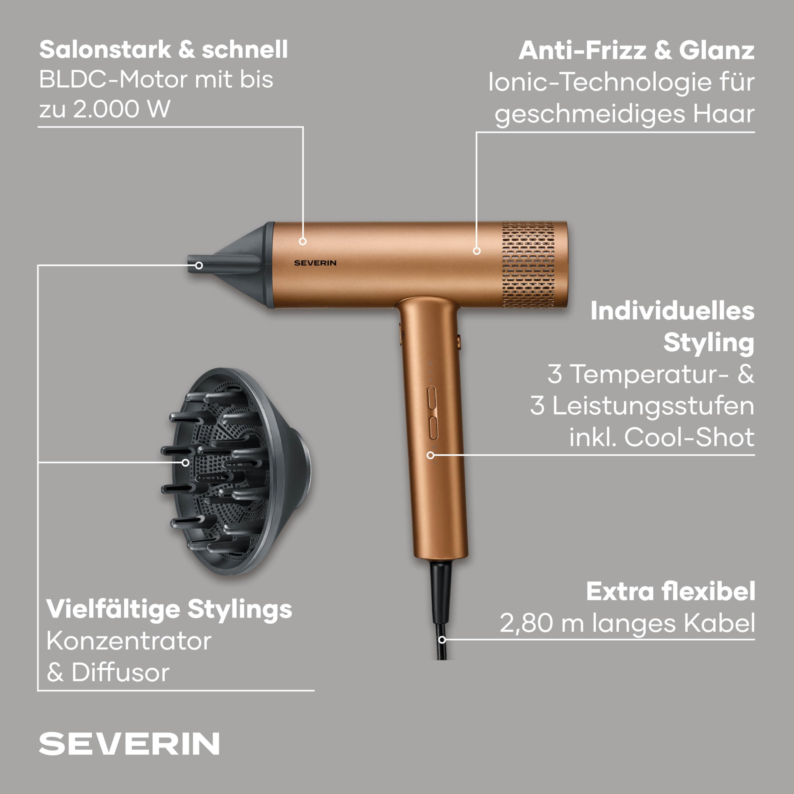 Severin HT 0172 Sèche-cheveux ionique avec anti-frisottis, concentrateur, diffuseur, coiffage doux, 3 niveaux de température et 3 niveaux de puissance, niveau froid, câble de 2,8 m, style S, 2000 W