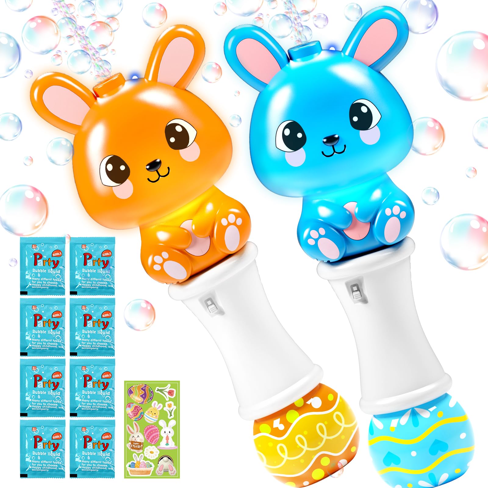 2 Pack Bubble Wands for Kids, Automatic Bubble Blower Machine with Light for Kids Boys Girls, Bunny Bubble Maker with 4 Bubble Solution & Stickers, Summer Outdoor Indoor Activity Easter Gifts