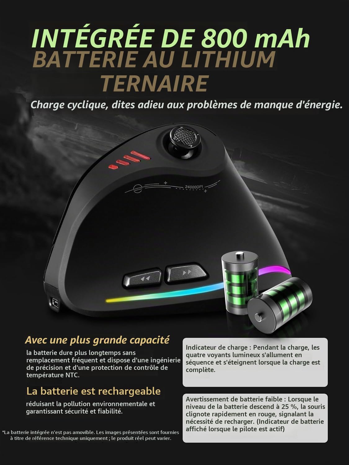 Souris Ergonomique Sans Fil Verticale Gaming, Souris Gamer Bluetooth 2.4G/USB 24000 DPI 6 Niveaux 12 Touches Programmables & Joystick 5 Directions, RGB, Rechargeable 800mAh, Compatible PC/Mac avec DPI