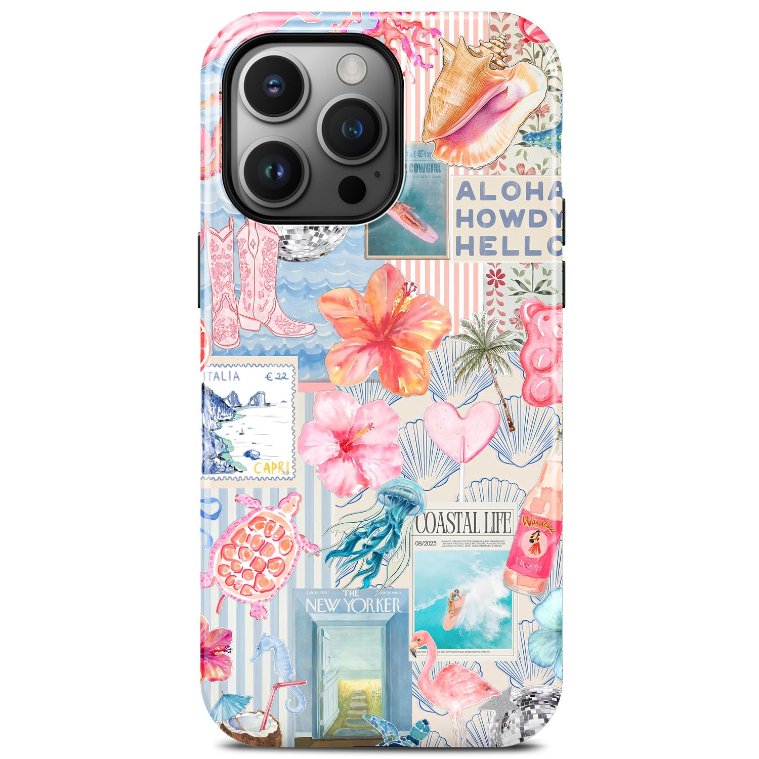 for iPhone 15 Pro Case, Cute Aesthetic Beach Ocean Seashell Collage Summer Phone Case, Compatible with Magsafe, Trendy Coastal Magnetic Slim Shockproof Protective Women Girl Men Cover