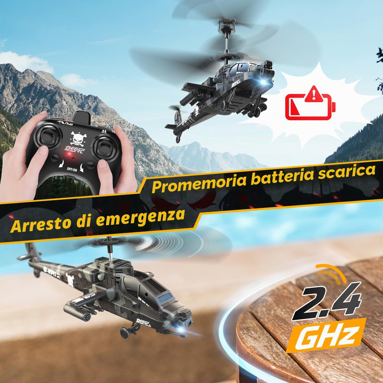 DEERC Elicottero RC, Aereo RC per Bambini e Adulti, Elicottero Telecomandato da 2,4 GHz, Tempo di Volo di 30 Minuti, Luci LED e Mantenimento dell'Altitudine, Giocattolo per Bambini da 8 a 12 Anni