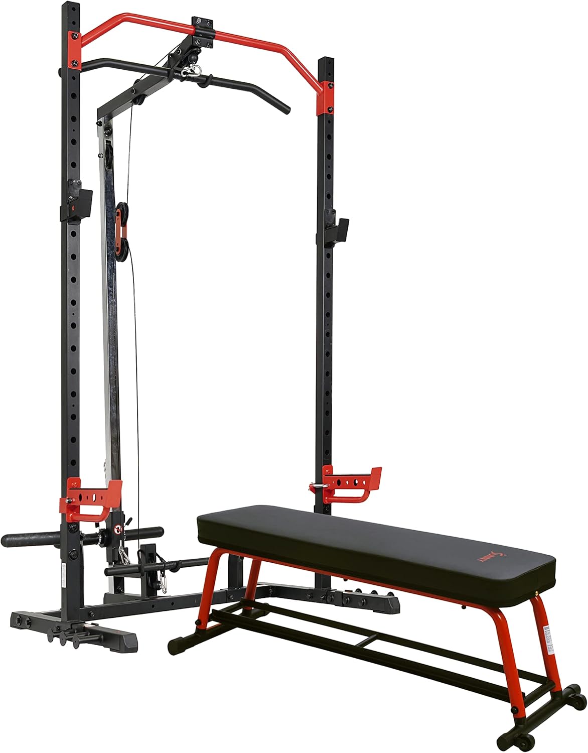 Sunny Health & Fitness Power Zone Squat Rack with LAT Pull Down Attachment and Flat Weight Bench