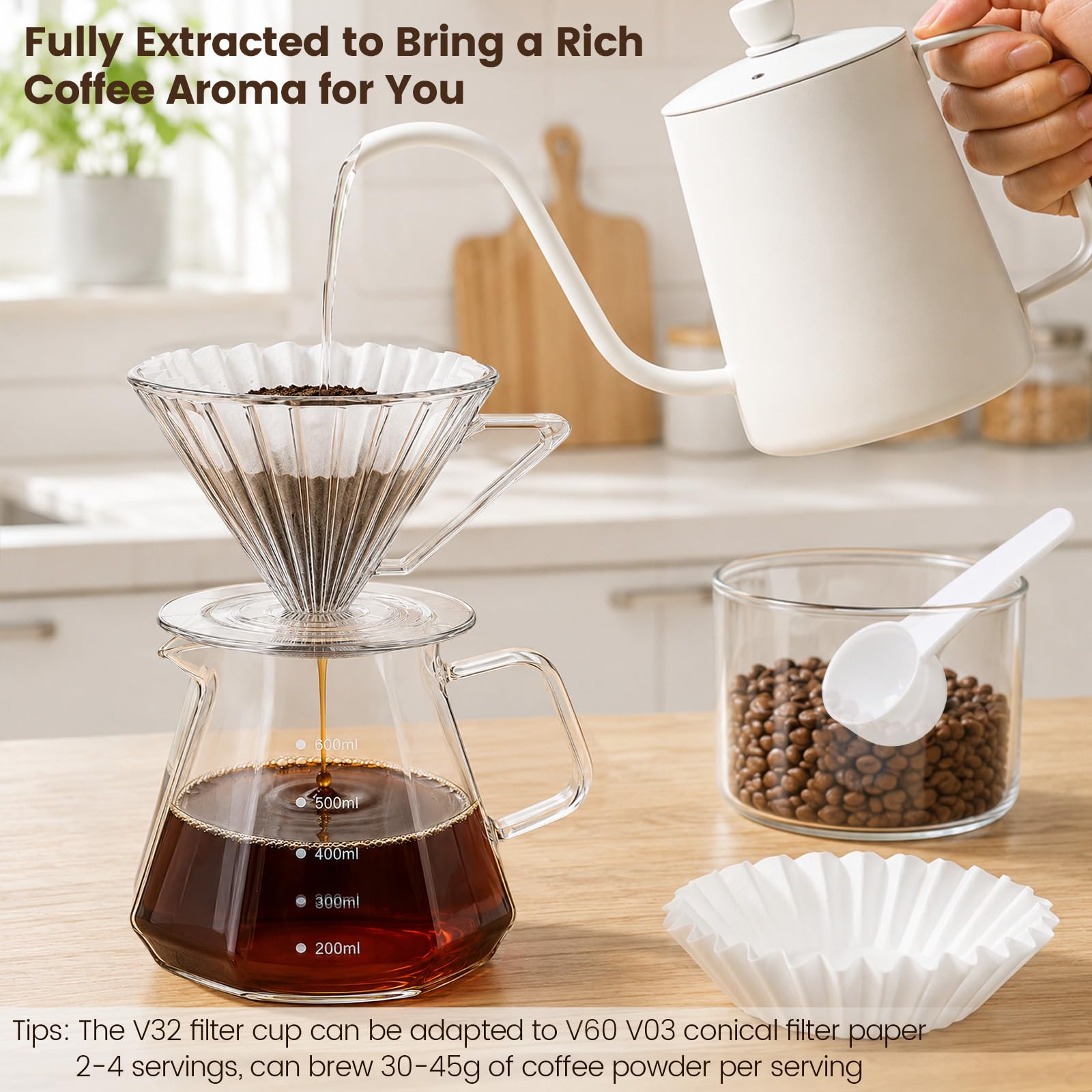 Cafetera de café con jarra de vidrio de borosilicato de 600 ml y tapa de vidrio, 50 filtros de papel, cuchara, taza de café, para amantes del cafe manual, cafetera 2-4 tazas