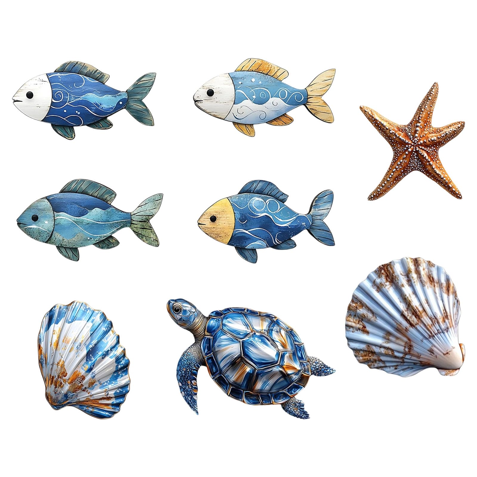 Cosiesnest 8 Pcs Blue Wooden Fish Starfish Wall Decor Set, Nautical Coastal Bathroom Wall Art, Sea Shells Turtle Marine Themed Hanging Ornaments for Living Room Bedroom