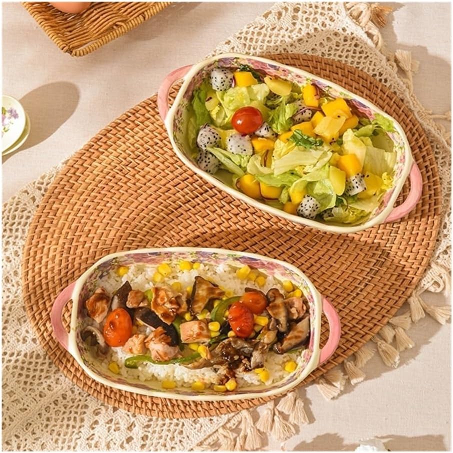 Baking Dishes Rectangular Double-ear Baked Rice Baking Tray Ceramic Cheese Household Microwave Oven,500ML