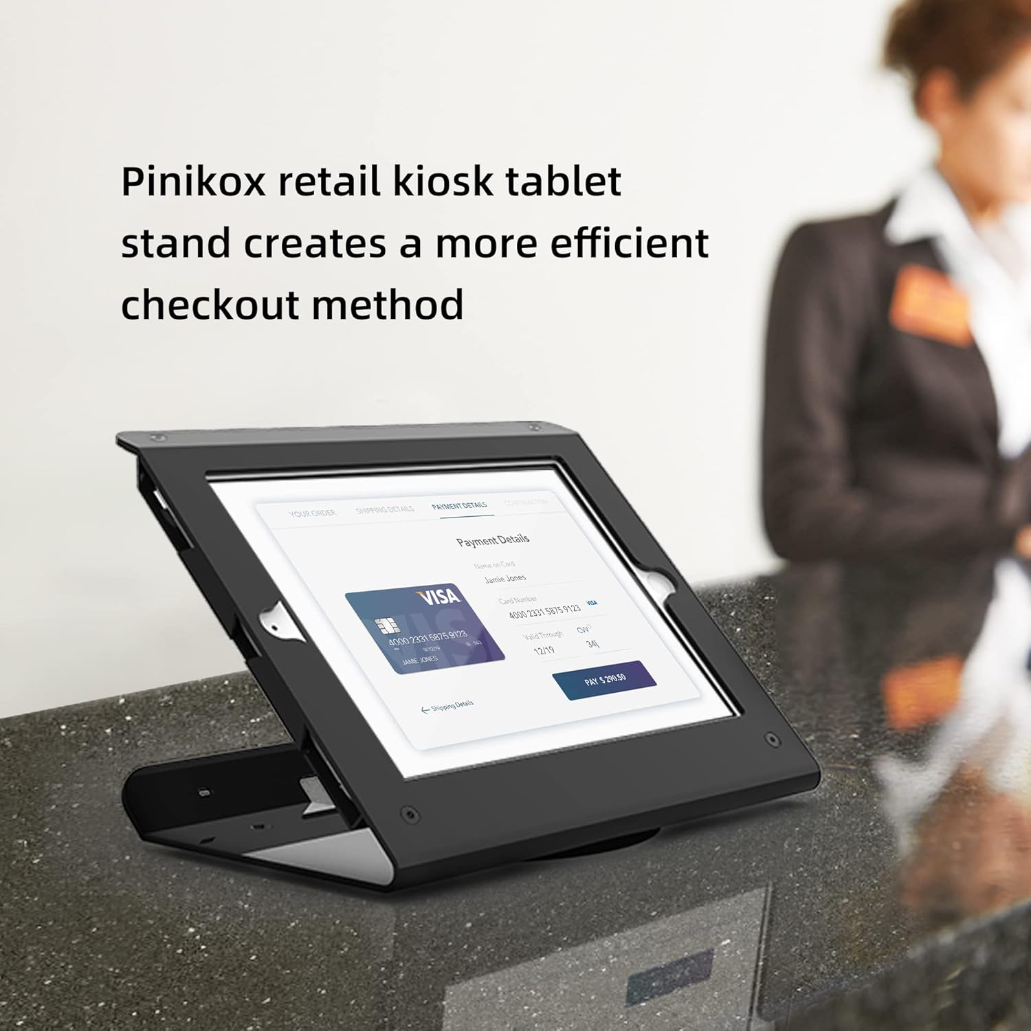 Retail Kiosk Tablet Stand Compatible with 10.2 inch iPad 9th 8th 7th Gen, Business Desktop POS Tablet Stand, Anti-Theft Lock, 360° Swivel Base, Metal, Black