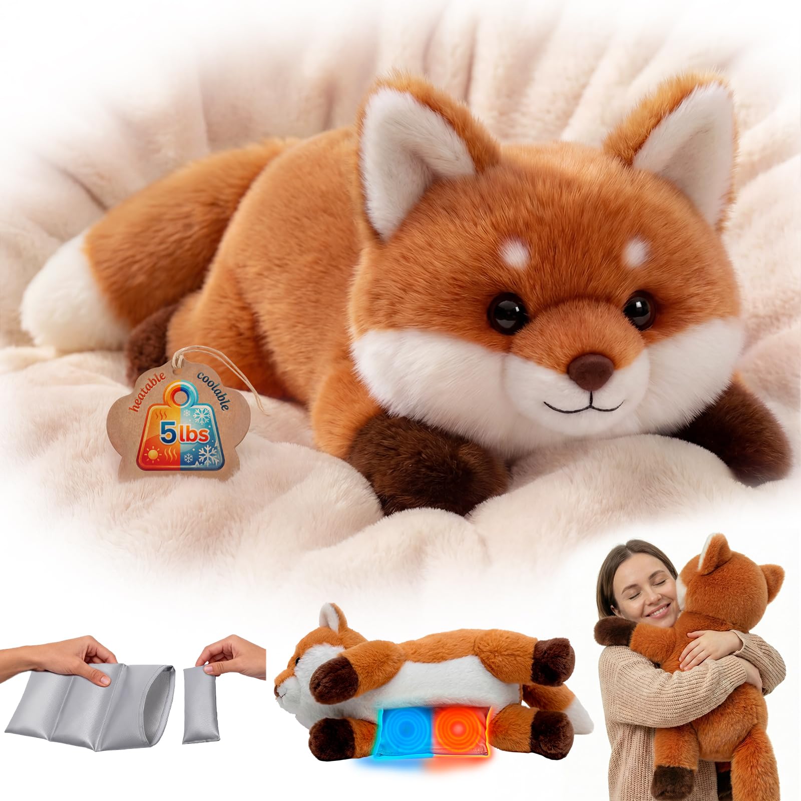Mewaii Peluche de Zorro con Peso 2-5 LB, 23", Calentable y Enfriable, Apto para Microondas, Almohadilla Interior Extraíble y Ajustable, Regalo Suave para Adultos y Niños, Rojo