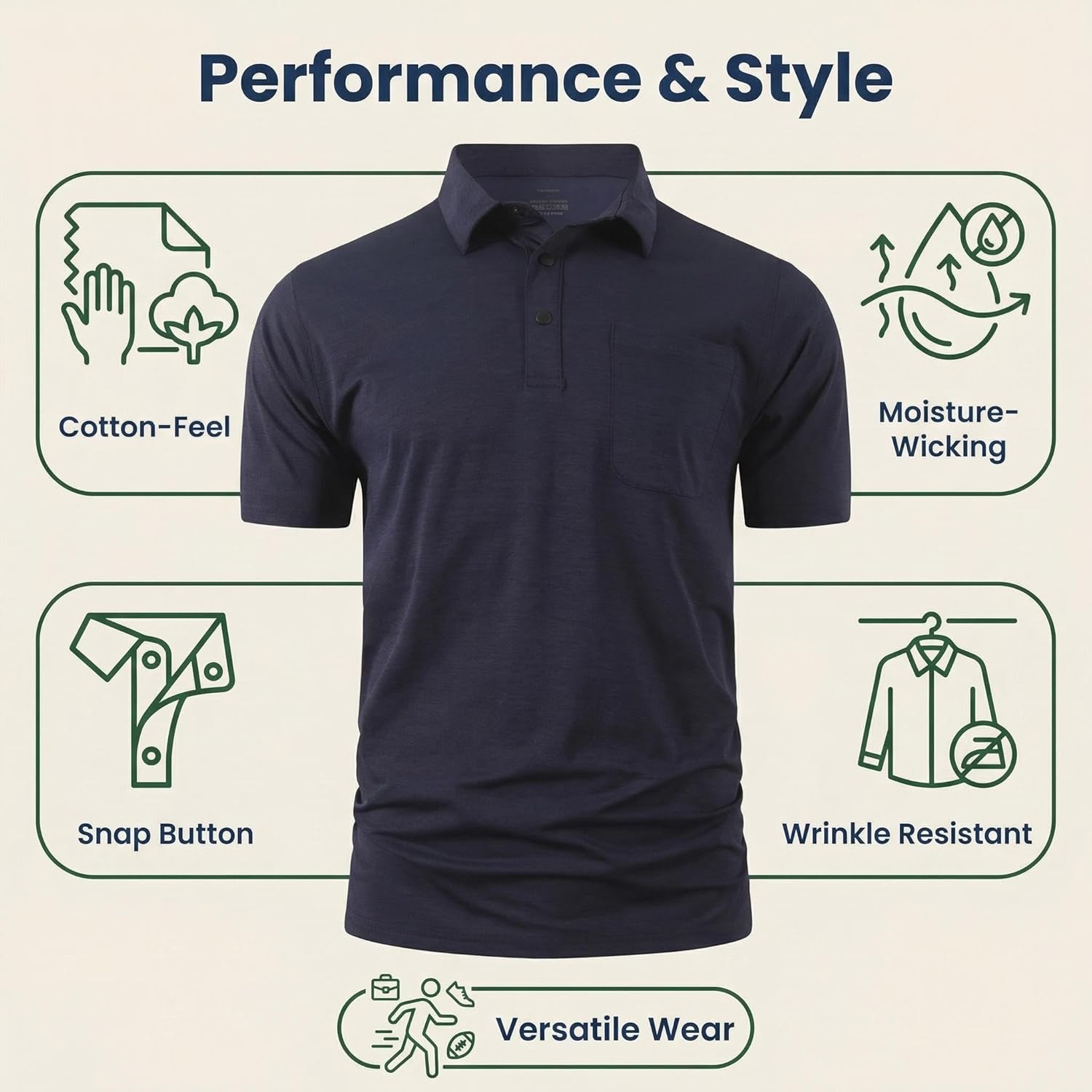 Men’s Short Sleeve Golf Polo with Pocket – Quick Dry Moisture-Wicking Cotton-Feel Performance Shirt