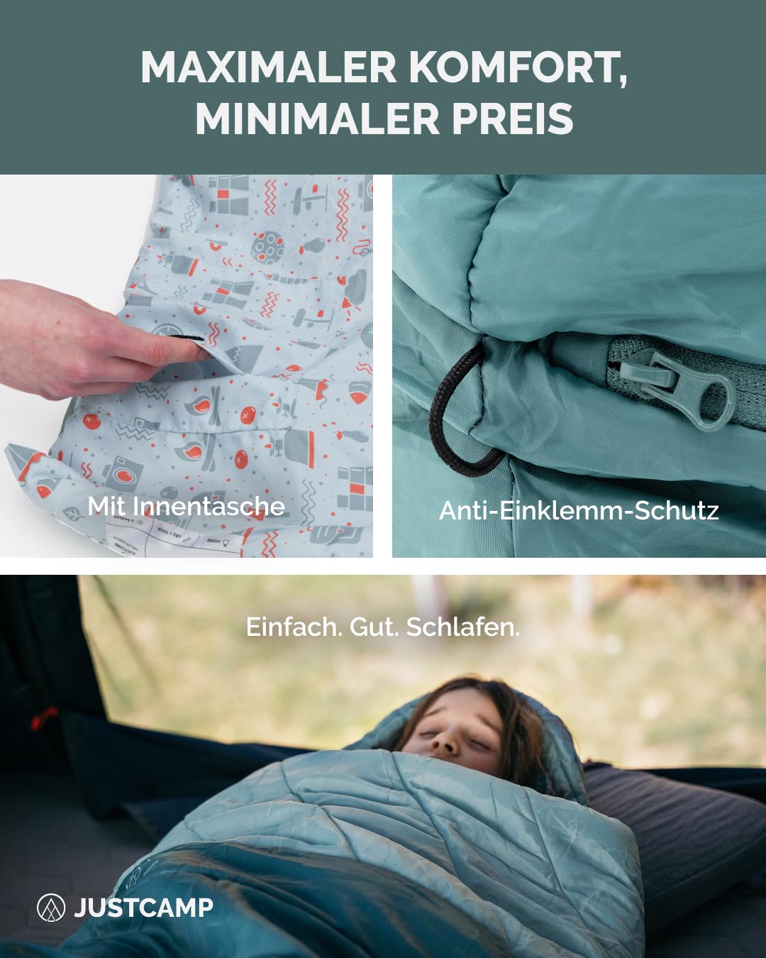 Justcamp Melvin Junior Kinderschlafsack Jungs & Mädchen (100-150 cm Körpergröße), Outdoor Schlafsack Kinder Camping