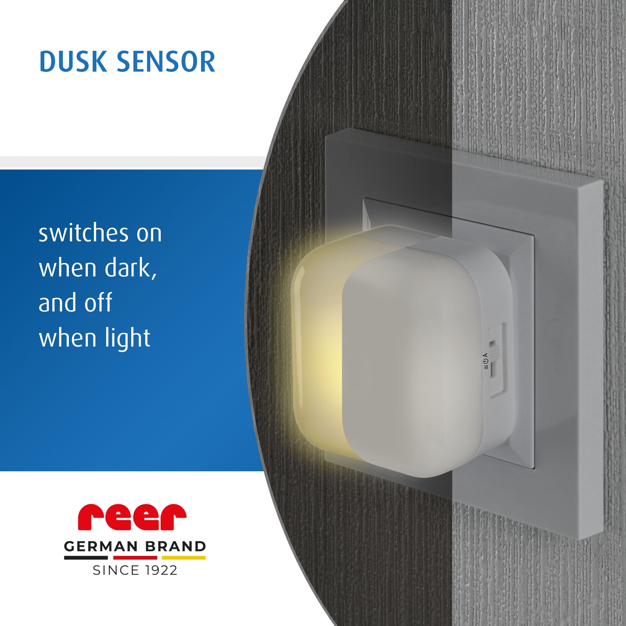 reer SleepLight 2 w 1 | lampka nocna do gniazdka elektrycznego i z zasilaniem akumulatorowym | tryb On-Off i czujnik | nastrojowe światło dla dzieci | niebiesko-szara